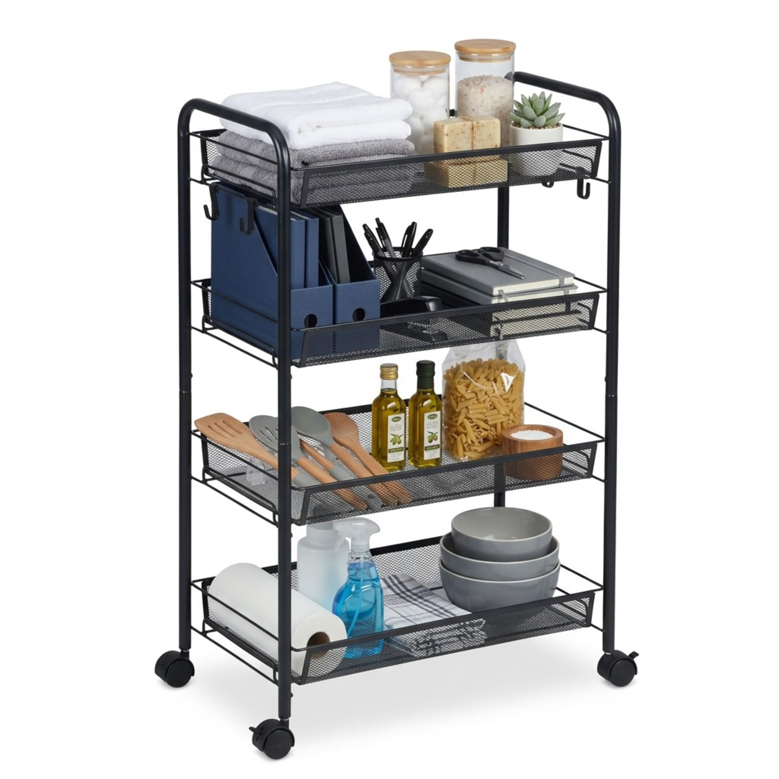 Chariot Relaxdays 4 étagères en Maille - desserte Cuisine/Salle de Bain/Bureau, 84×44,5×26 cm, métal Noir