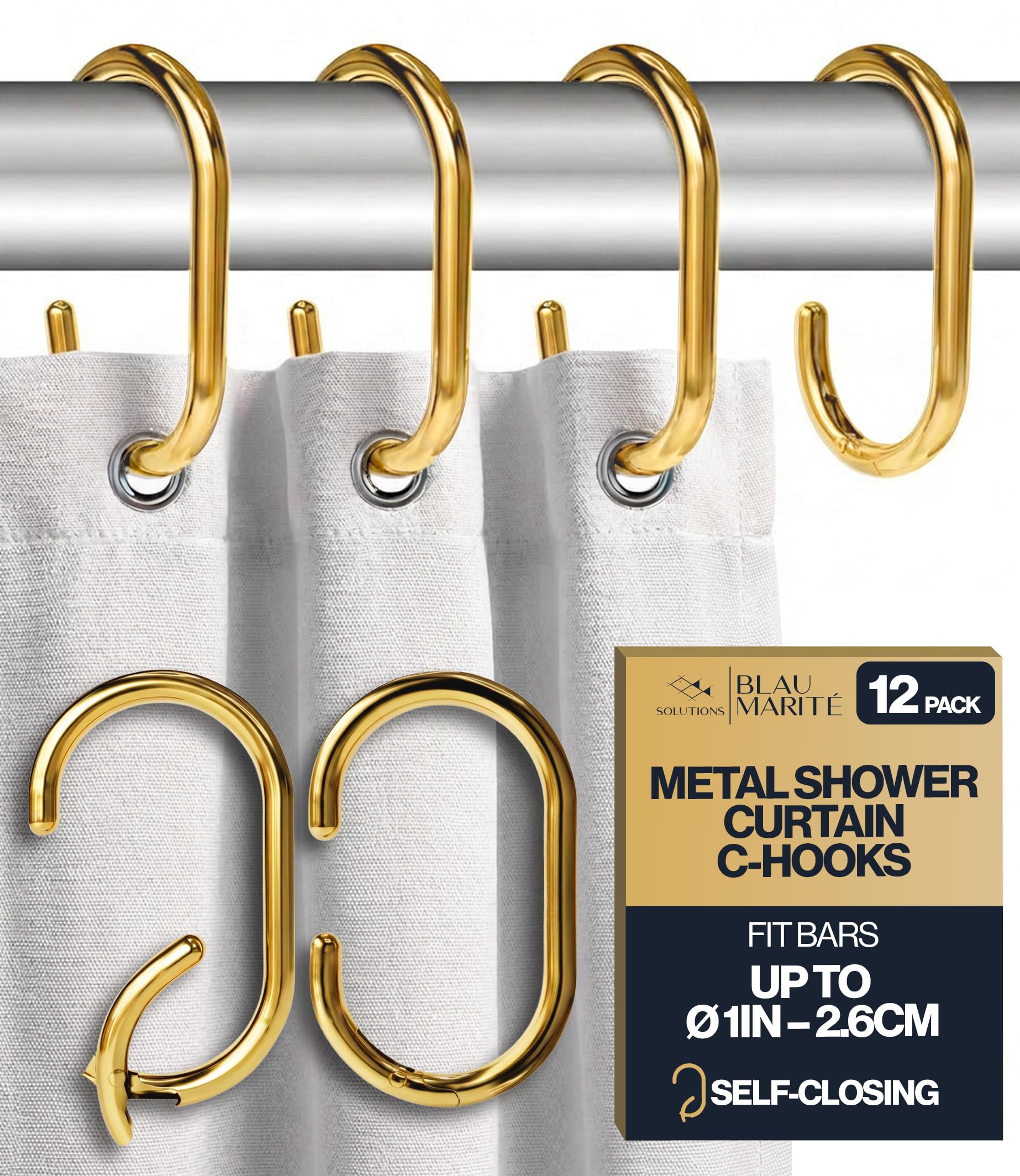 Blau Marité 12 Metal Shower Curtain Hooks, Rust-Proof Decorative C-Shaped Curtain Hooks for Bathroom, Shower Curtain Rings, Fits Rods Up to 1 Inch - Yellow Gold