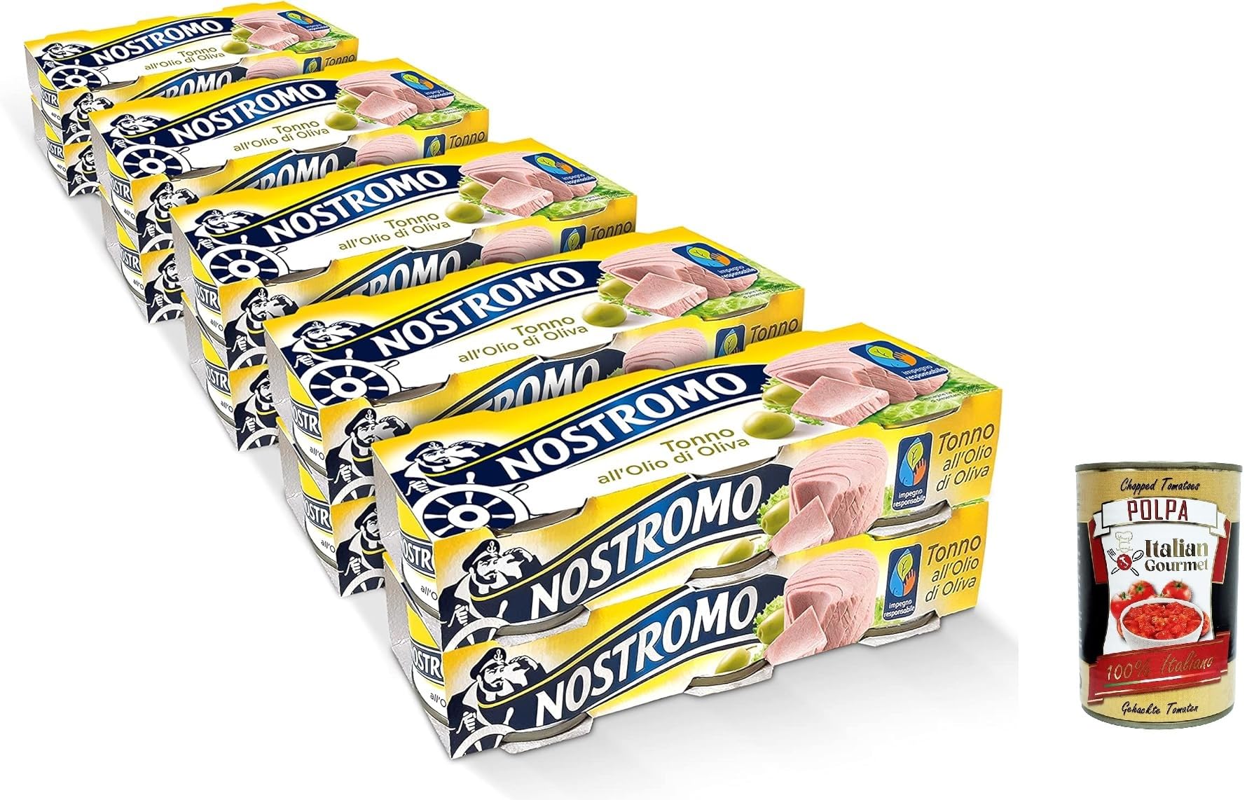 Nostromo - Thunfisch mit Olivenöl, 30x 70gr Dosen. Escort -Format aus 10 Packungen. Proteinquelle ohne Konservierungsmittel + Italian Gourmet polpa 400g