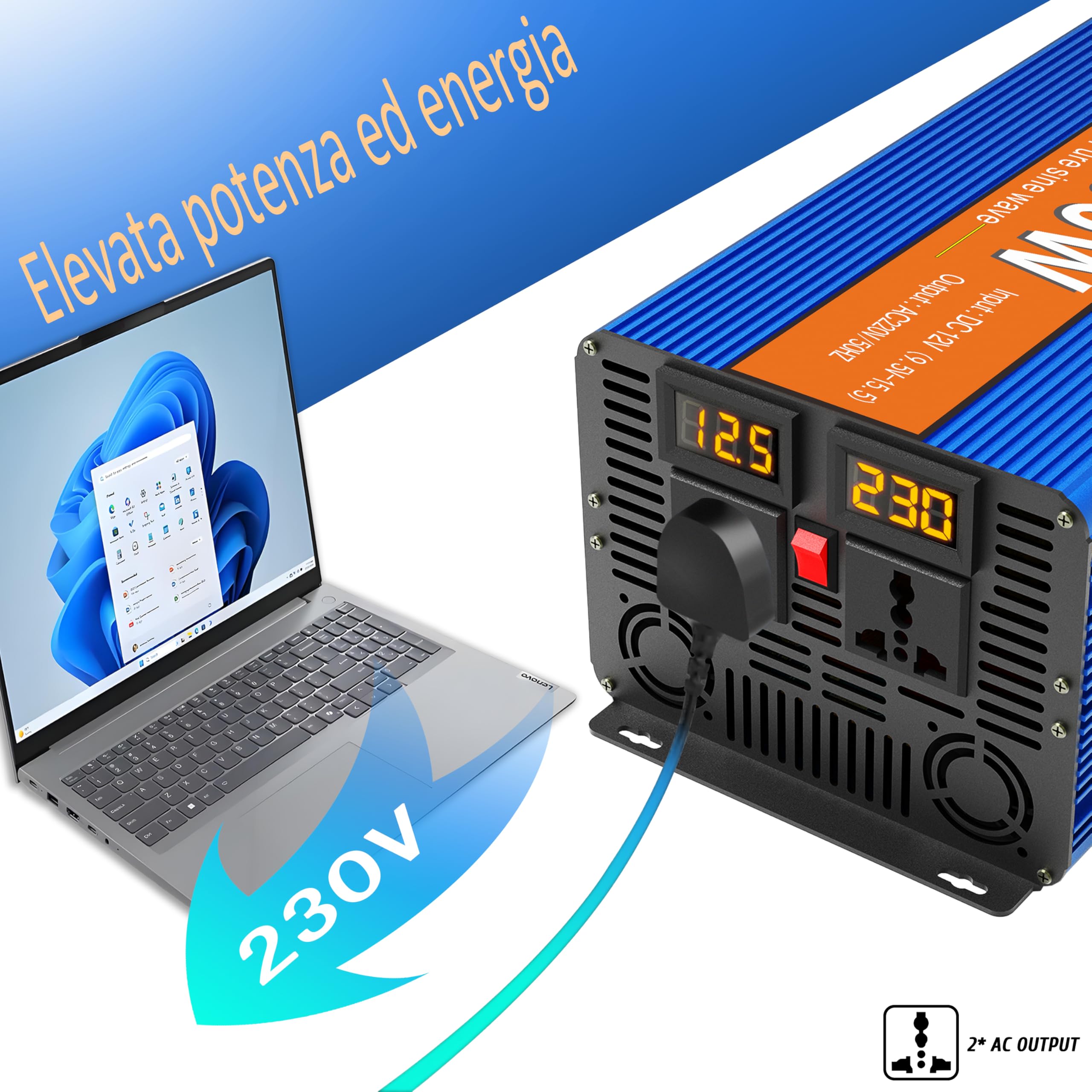 Convertisseur Pur Sinus 4000W (Pic 8000W) 12V 220V 230V, onduleur Solaire avec 2 écrans LCD, 2 Prises CA, convertisseur de Tension pour véhicules, Voiture Solaire, Camping-Car, appareils ménagers
