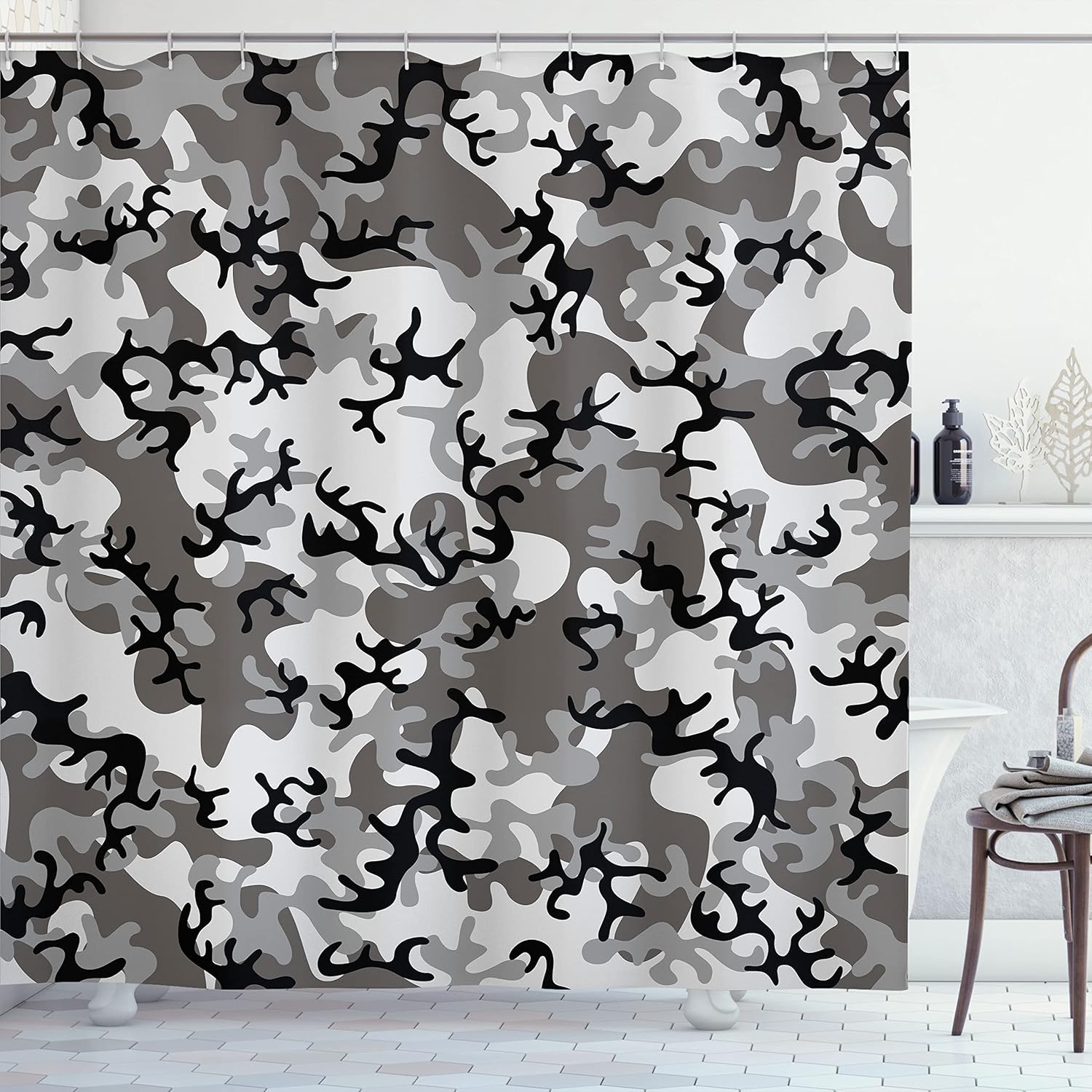 Ambesonne Camo Shower Curtain, Camouflage Concept Concealment Artifice Hiding Force Uniform Pattern Fashion, Cloth Fabric Bathroom Decor Set with Hooks, 69" W x 84" L, Black Grey Grey