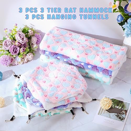 Miniatura 4 de Sweetude Juego de 6 hamacas para ratas, túnel colgante de hurón, hamacas de conejillo de indias de 3 niveles, cama de chinchilla suave para