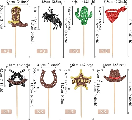 Miniatura 2 de Rsstarxi Paquete de 24 adornos para cupcakes del oeste, decoraciones para cupcakes de vaquero, sombreros de vaquero con purpurina, botas, decoración