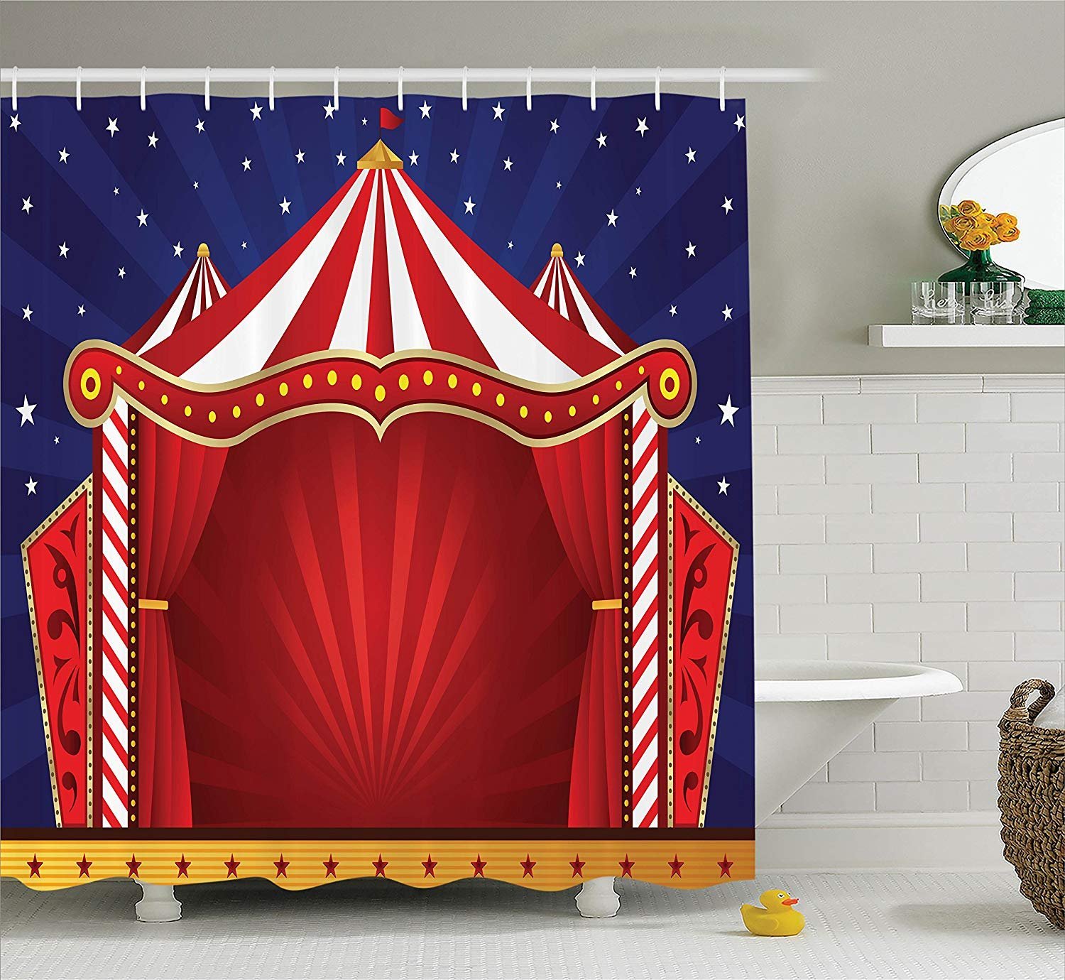 JOOCAR Design Shower Curtain, Red Circus Canvas Tent Circus Stage Performing Theater Jokes Clown Cheerful Night Theme Print Navy Blue Red, Waterproof Cloth Fabric Bathroom Decor Set with Hooks