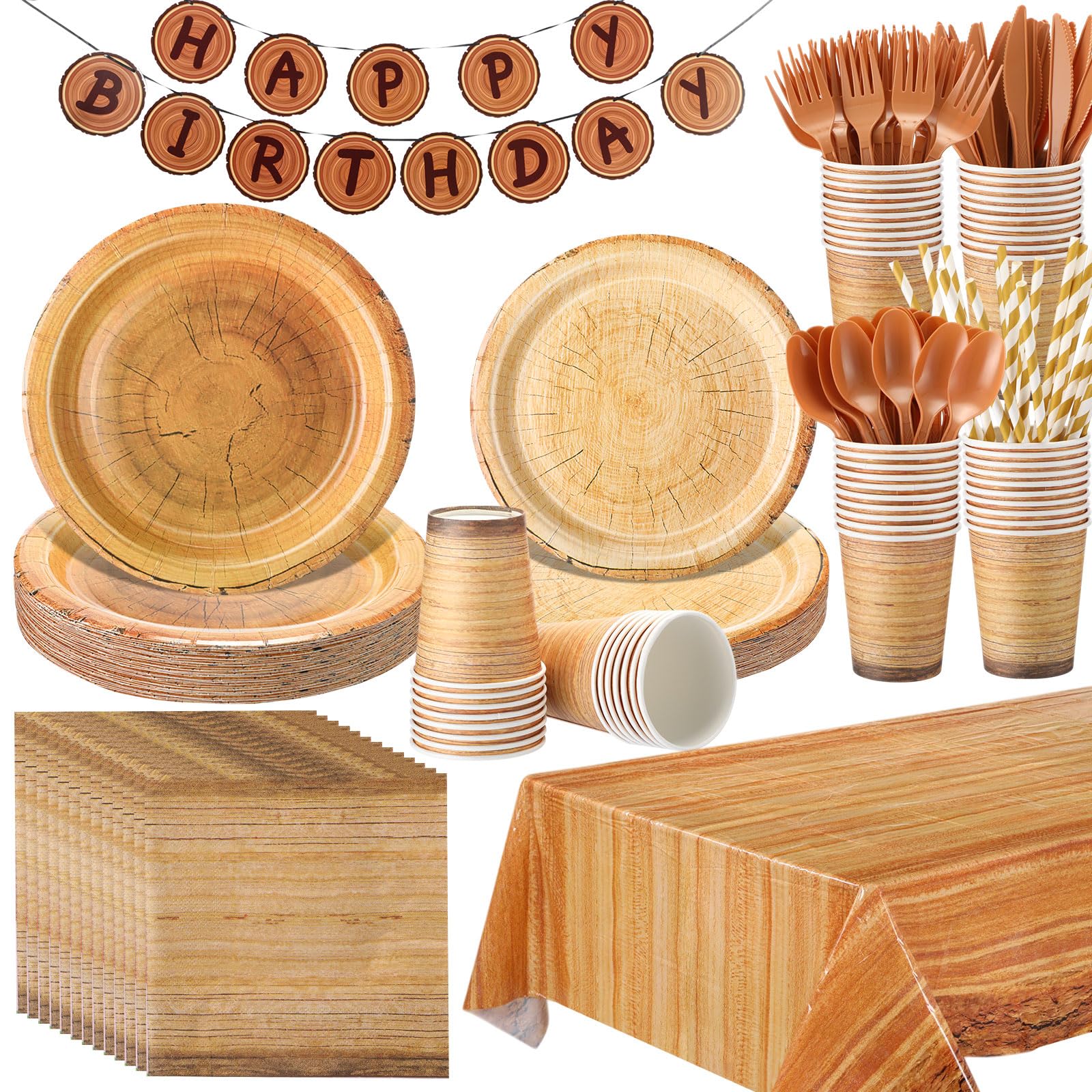Sawysine 202 Pcs Wood Grain Party Supplies Disposable Dinnerware Set 50 Plates 25 Cups 25 Napkins 25 Plastic Forks 25 Knives 25 Spoons 25 Straw Flag