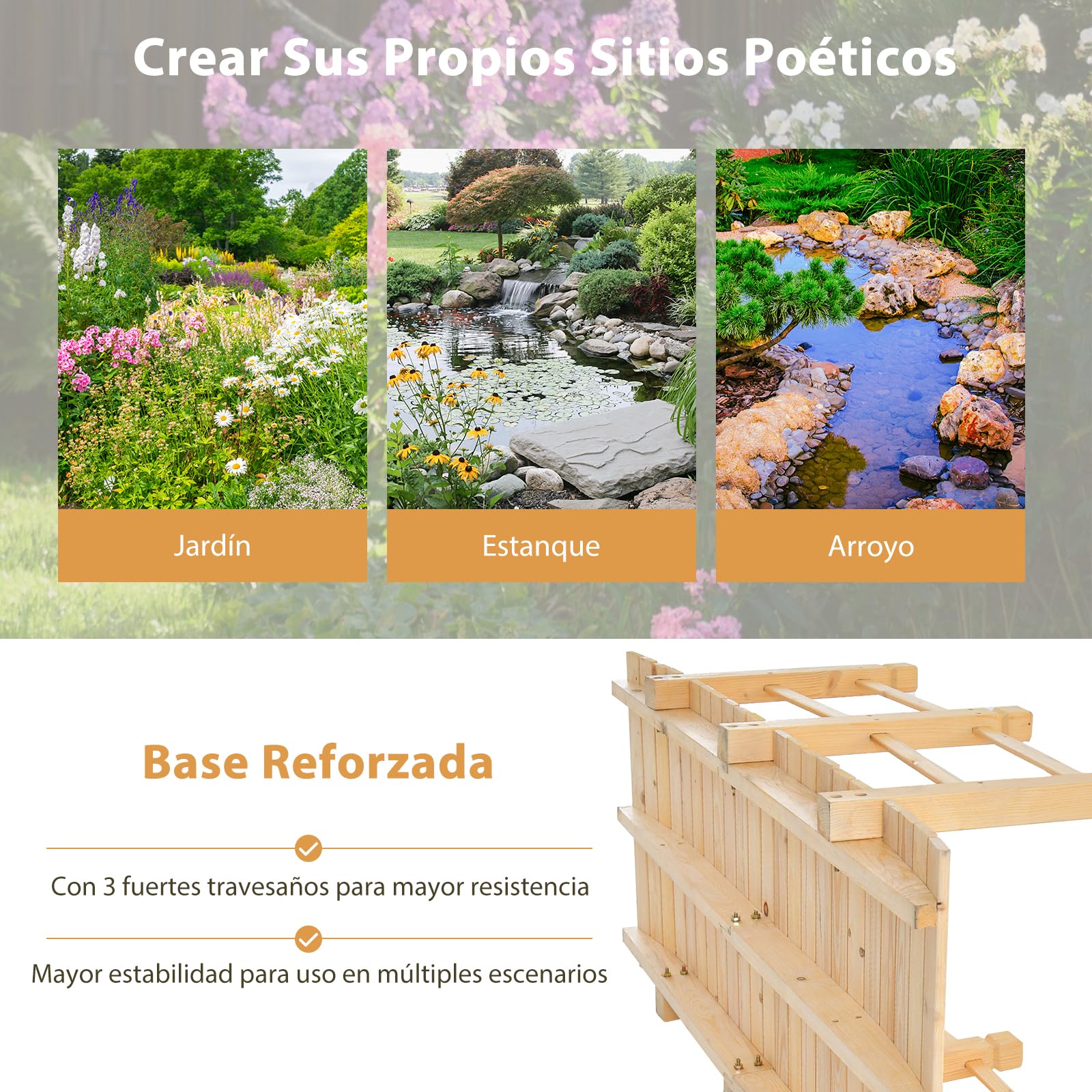 RELAX4LIFE Puente de Madera de Cedro Carbonizada con Barandilla, Puente para Estanque, Jardín y Patio, Decoración Jardín, Carga 100 kg, 150 x 67 x 55 cm (Natural)