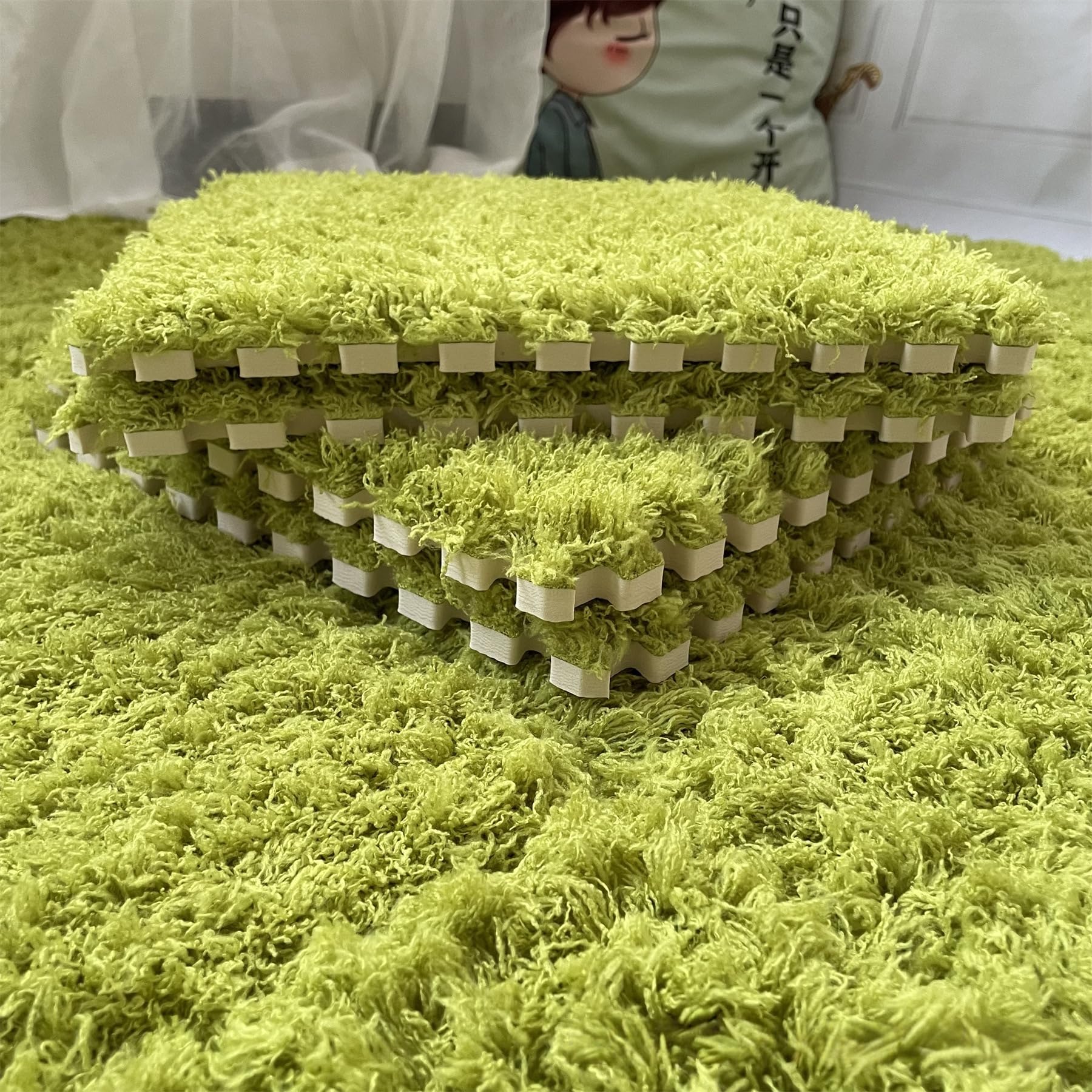 12pcs Carpet Squares Puzzle Floor Mat, Plush Interlocking Carpet Tiles, Anti Slip EVA Foam Jigsaw Floor Tiles, Build A Safe Area for Bedroom Playroom (Fluffy Green)