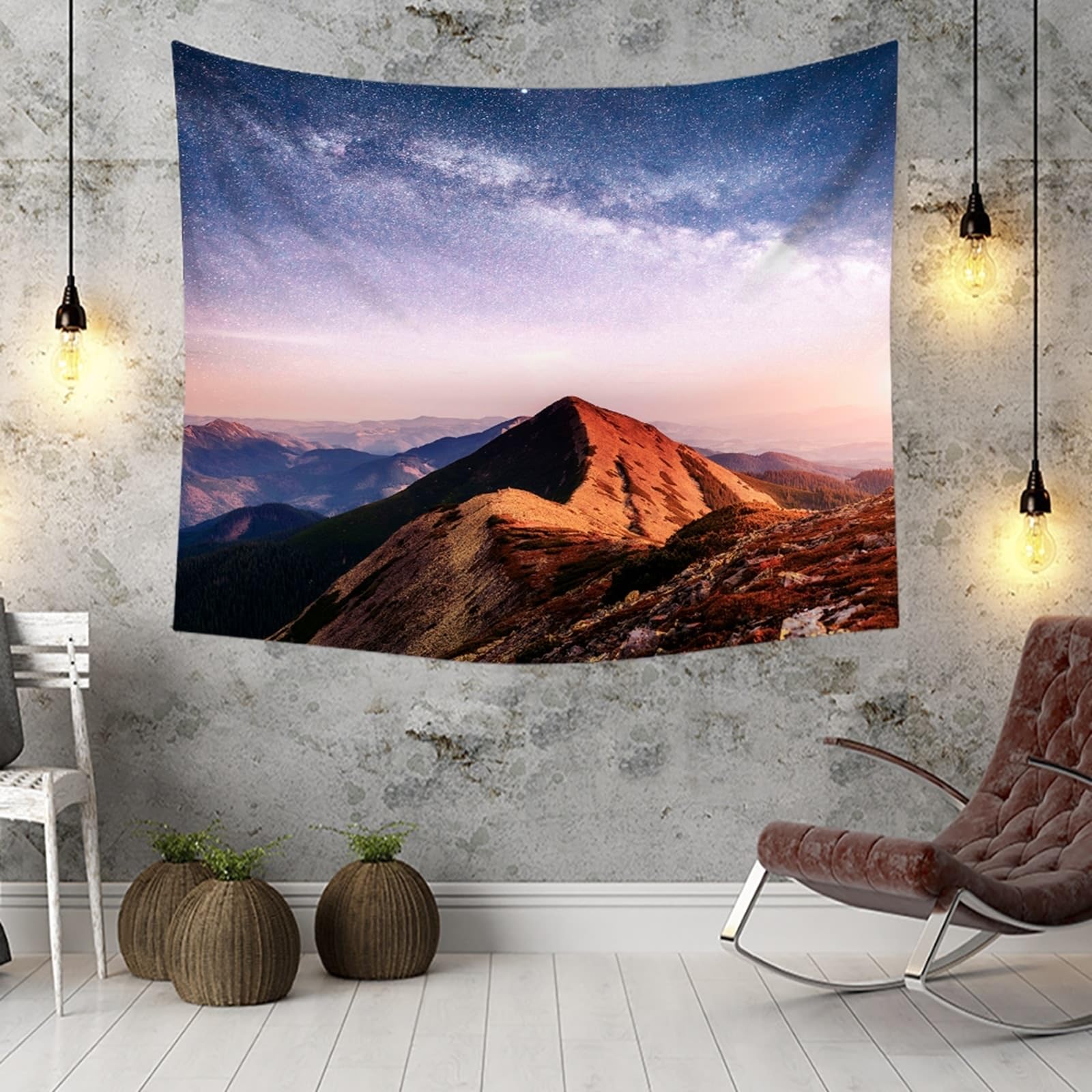 Tapiz natural para recámara, poliéster, multicolor cielo estrellado y paisaje de montaña, 240 x 220 cm