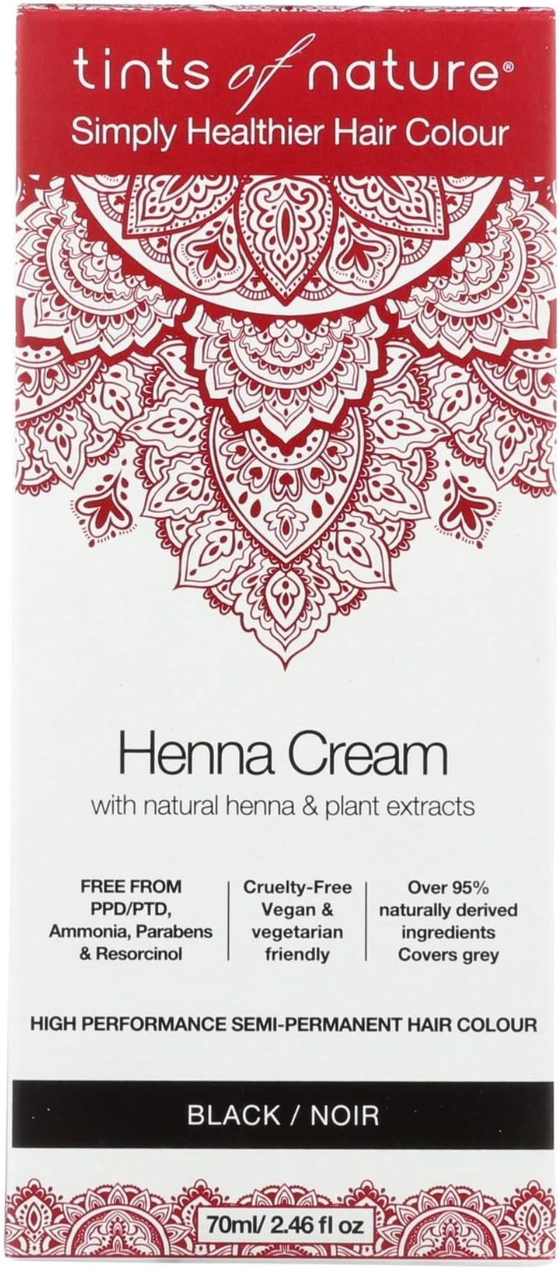 Black Semi-Permanent Henna Cream Hair Colour, Ammonia-Free and 95% Natural, 70ml