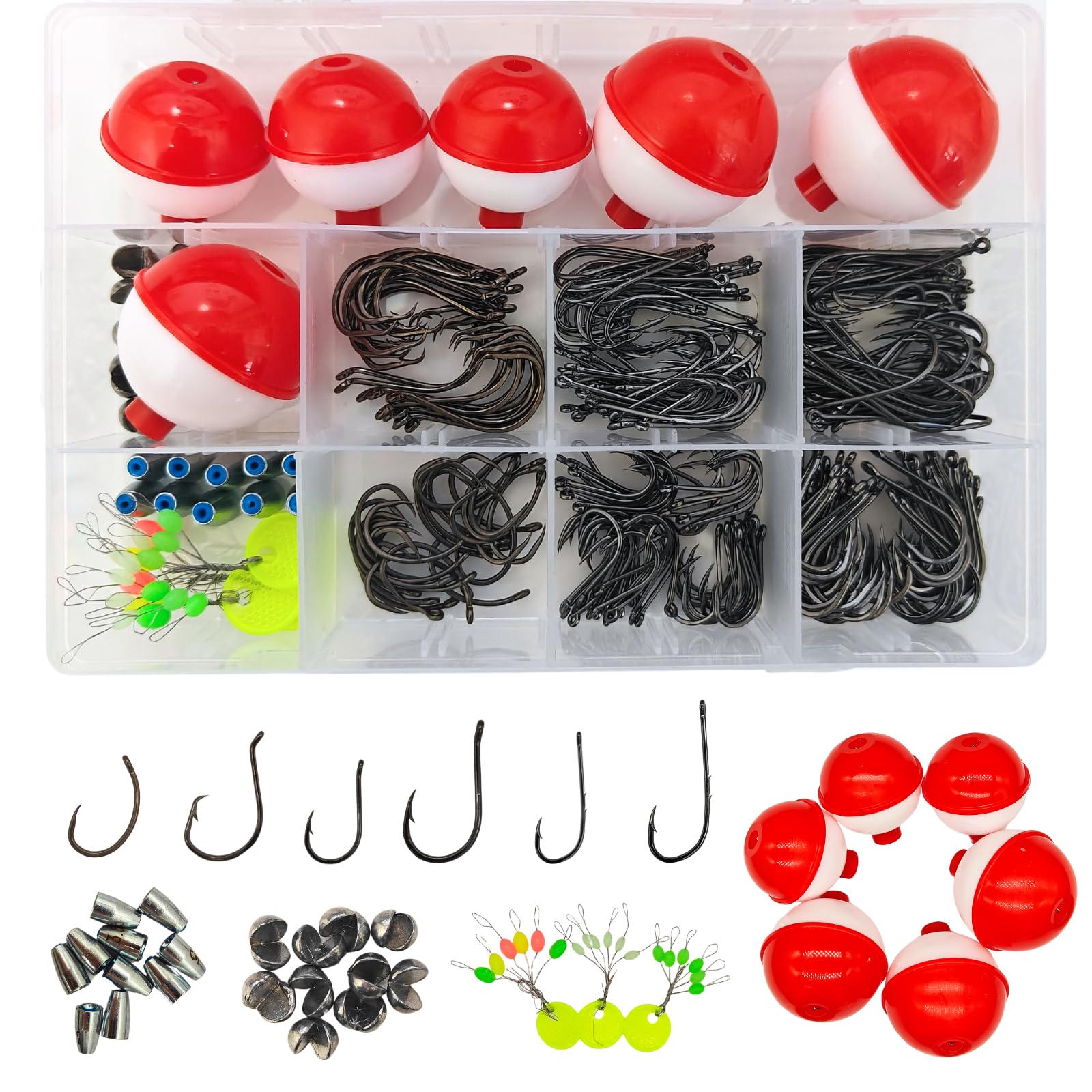 295 PCS Fishing Tackle Kit, Including Fishing Hooks, Bobbers, Octopus Circle Baitholder Hooks, Sinker Weights for Bass Trout Catfish Panfish