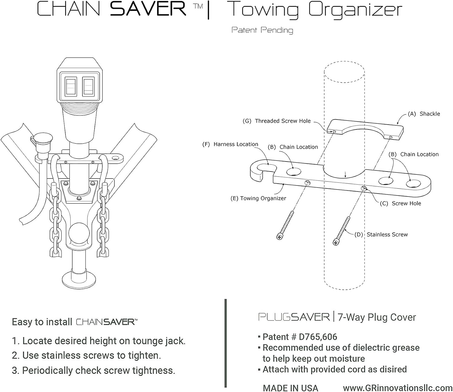 GR innovations llc Tongue Jack Trailer Towing Organizer | Plastic Chain Saver Kit