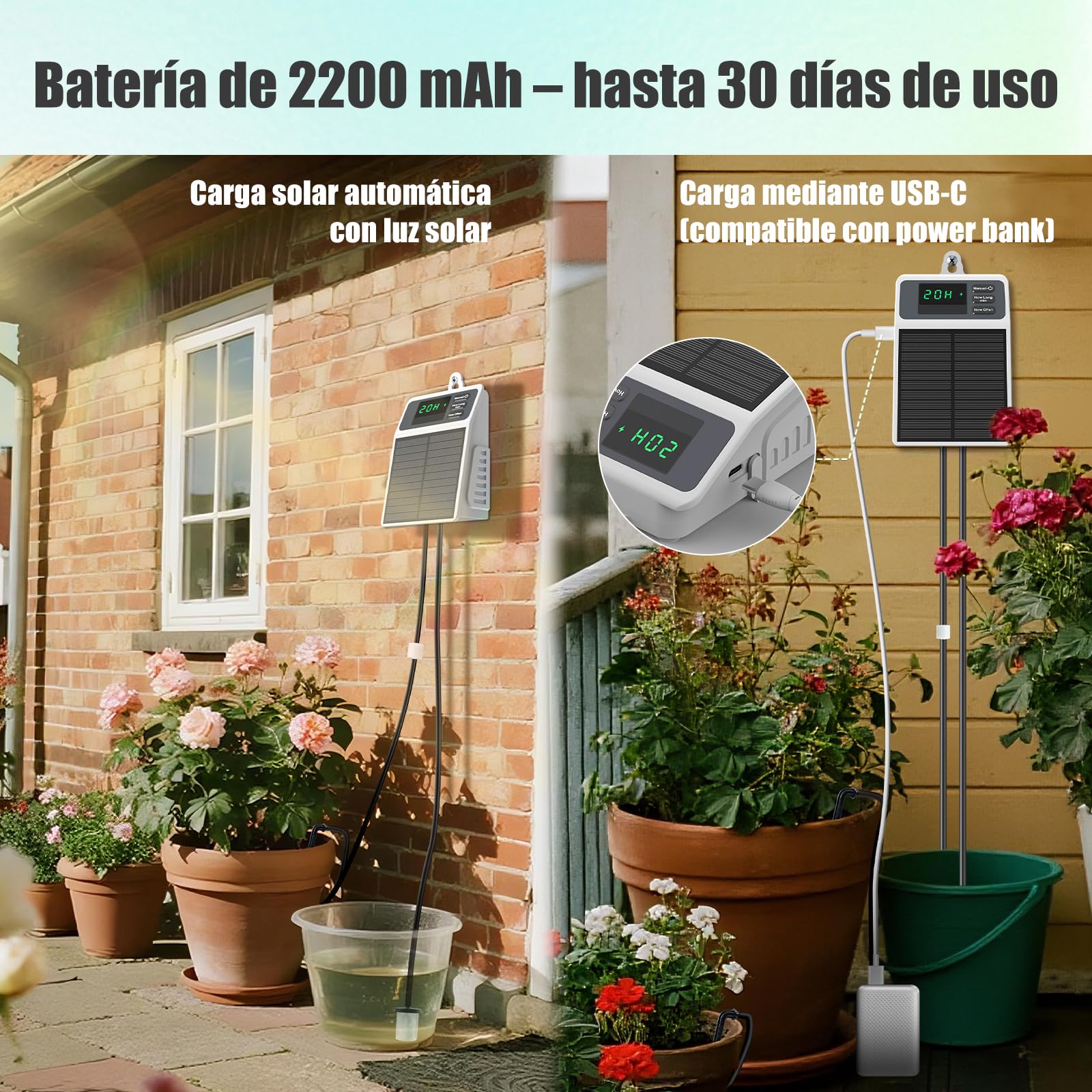 Uzoli SOP17 Sistema de riego solar para jardín con batería de 2200 mAh | Riego por goteo con tubo de 10 m, Riego automático para balcón, bancal elevado, invernadero y plantas en maceta, IPX5