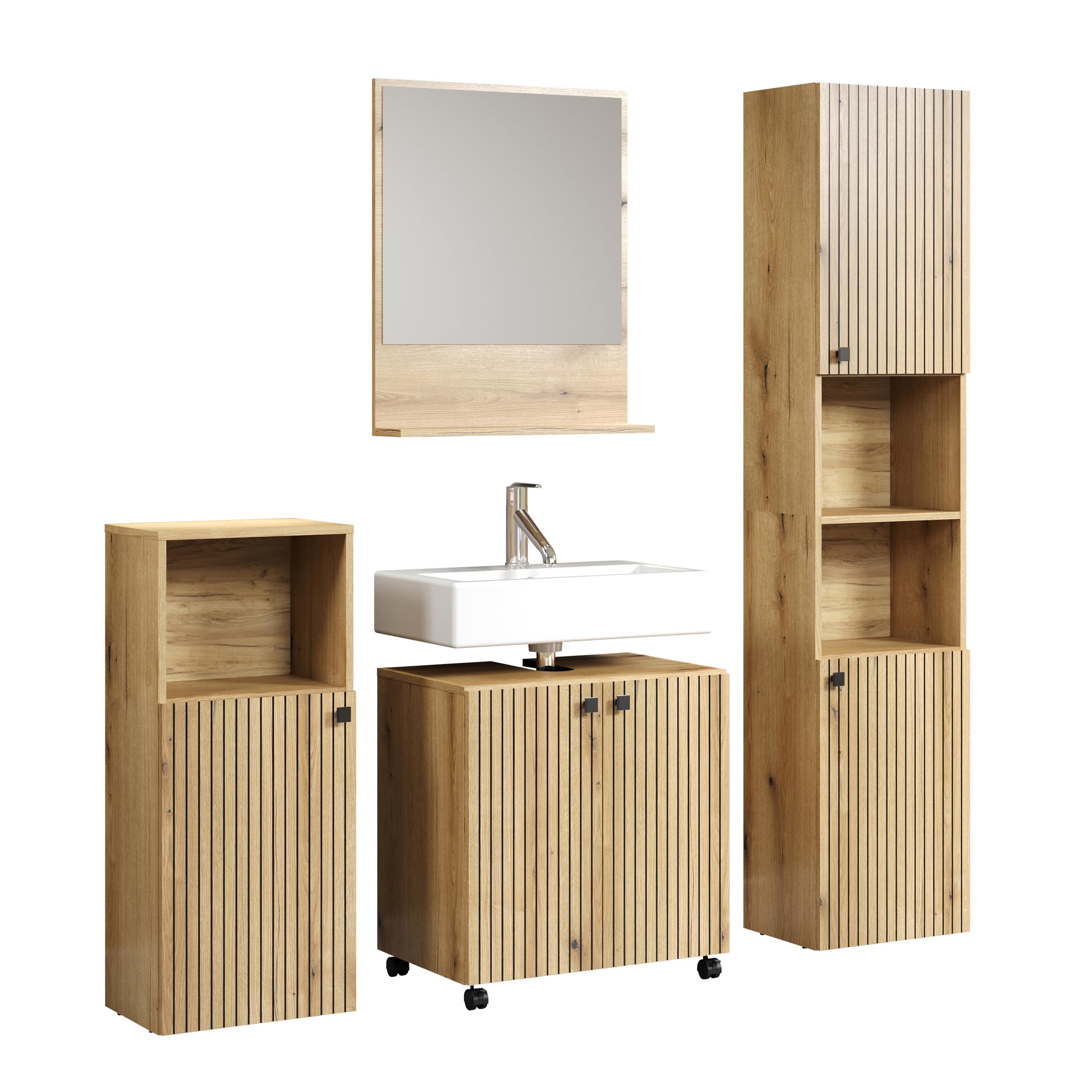 trendteam smart living Zestaw łazienkowy składa się z następujących elementów: wysoka szafka, szafka pod umywalkę, lustro ścienne i szafka stojąca, materiał drewnopochodny, brązowy, (szer. x wys. x