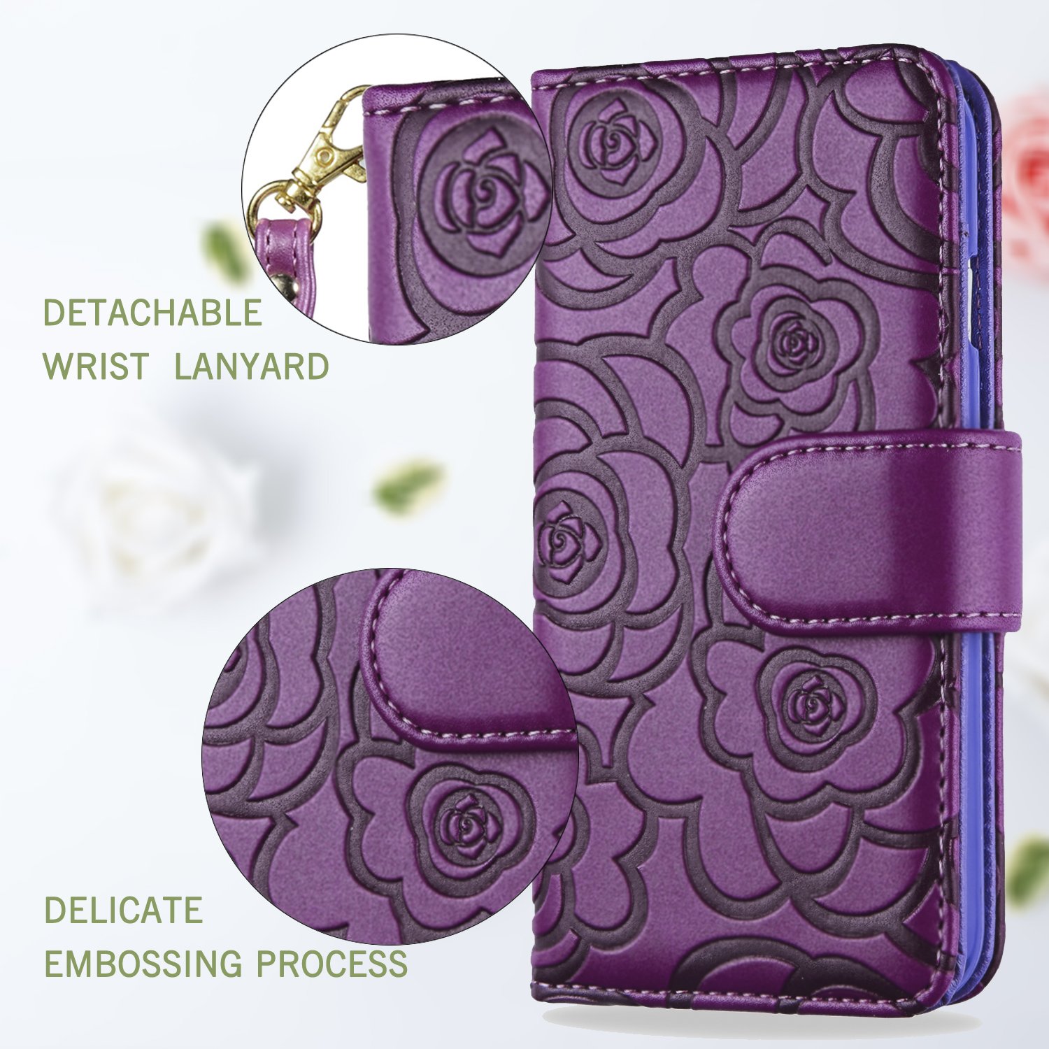 FLYEE Case Compatible with iPhone Xs Max(6.5 inch,2018 Release),Wallet Case for Women and Girls with Card Holder,PU Flip Wallet Leather[Emboss Flowers] Magnetic with Card Slots and Wrist Strap-Purple