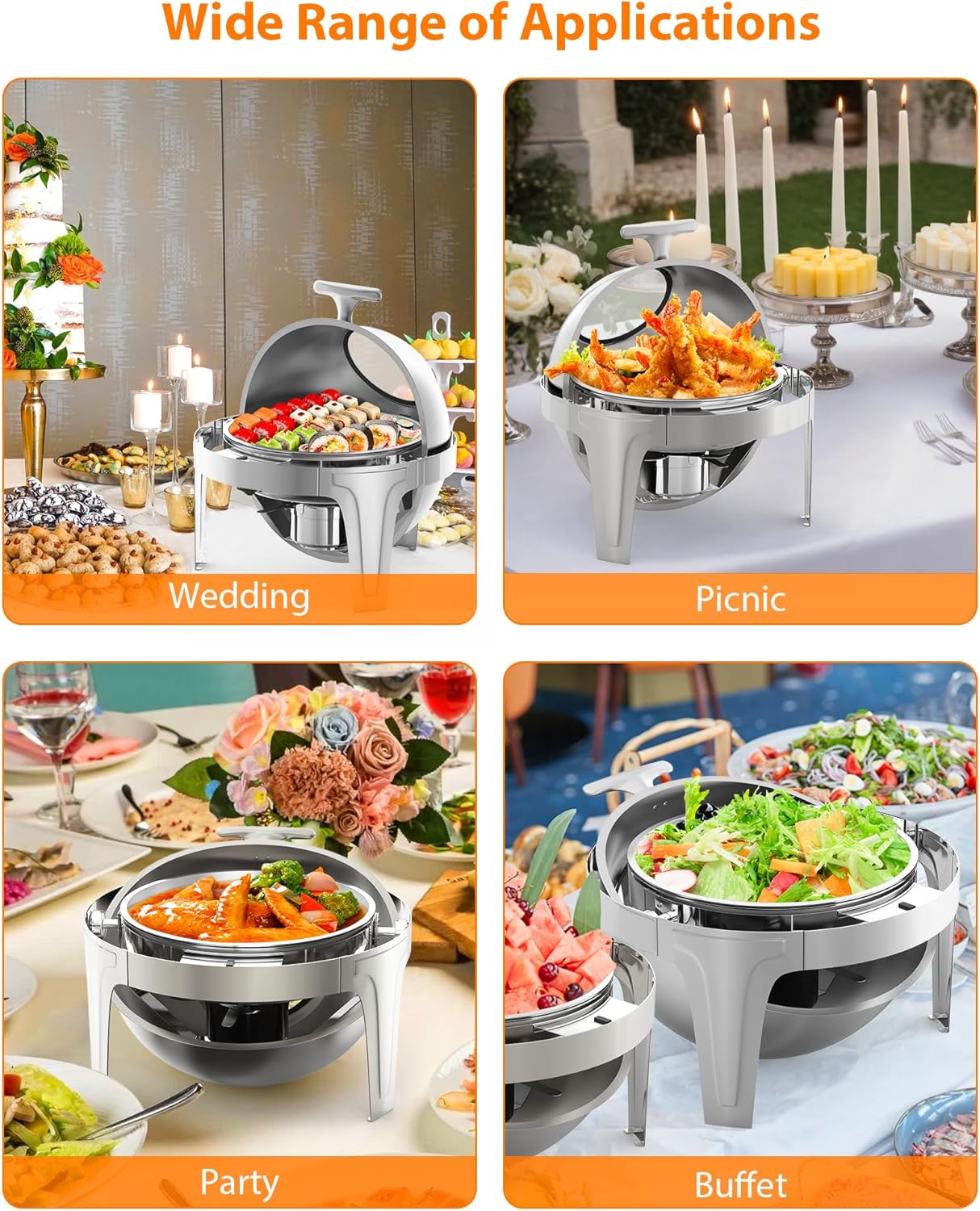 GarveeHome Roll Top Chafing Dish Buffet Set, 6.3 QT Round Chafing Dish for Buffet, Stainless Steel Food Warmer Chafer with Glass Window Full Size Food Pan for Catering Parties Banquets, Silver
