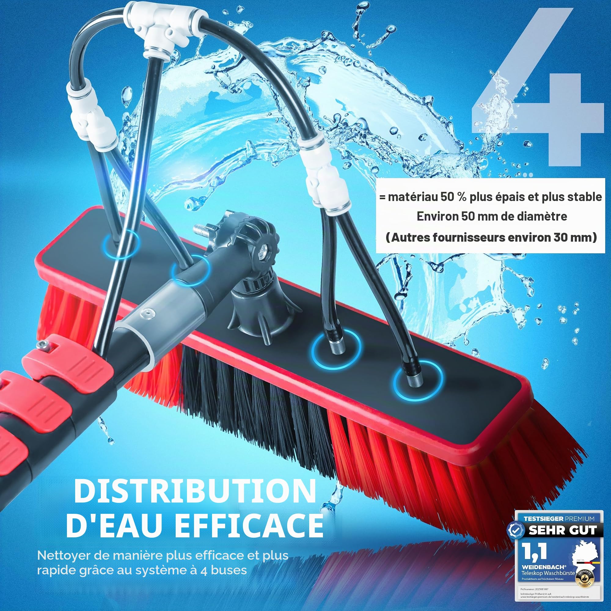Weidenbach Brosse de lavage télescopique avec raccord d'eau, avec raclette et distributeur de savon, brosse de nettoyage extensible en aluminium pour installations PV, fenêtres, camping-cars, etc. (7