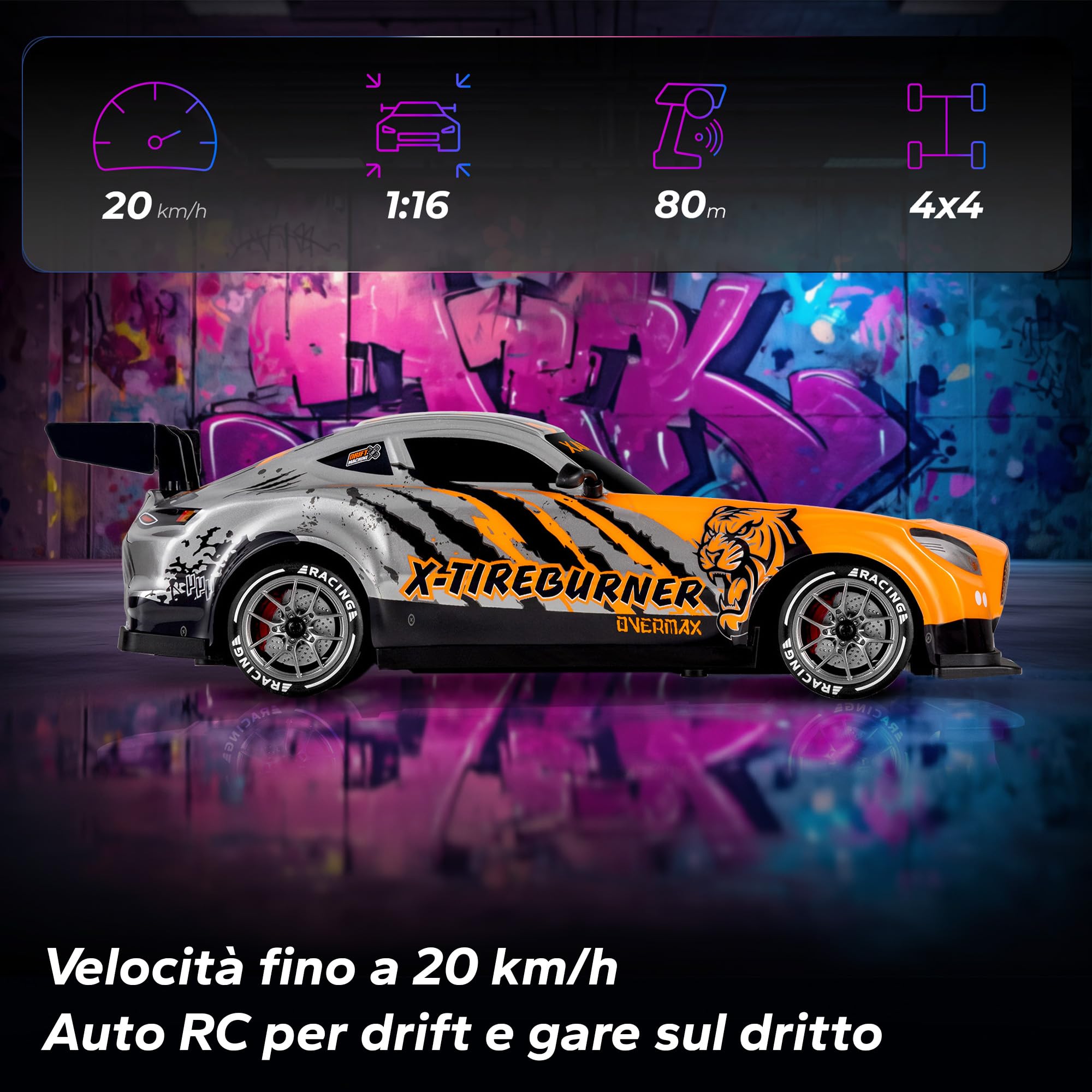 Overmax X-TIREBURNER Macchina Radiocomandata RC per Drift, Macchina Telecomandata per Bambini 8+, 1:16, 20 km/h Portata fino a 80 m, 4WD, 2 Batterie 500 mAh Set di Ruote e Ostacoli Scocca Accessoria