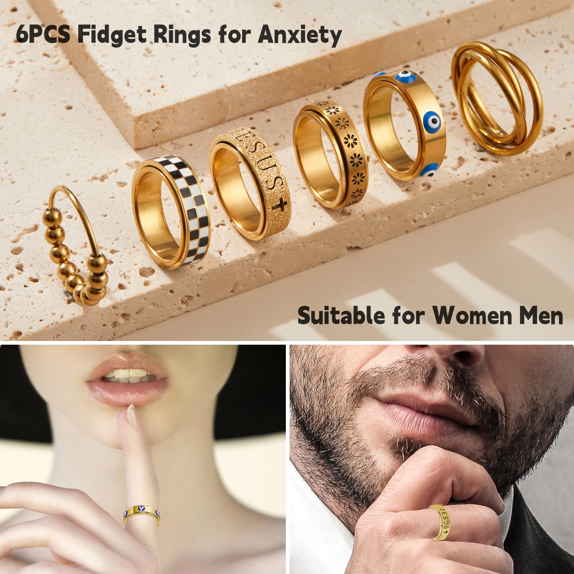 LOFITOR Fidget Rings for Anxiety 6pcs Stainless Steel Spinner Ring Anti Anxiety Ring Spinning Moon Star Cool Stress Relieveing CZ Rings for Women Men Band Rings Set CZ Silver - Image 3