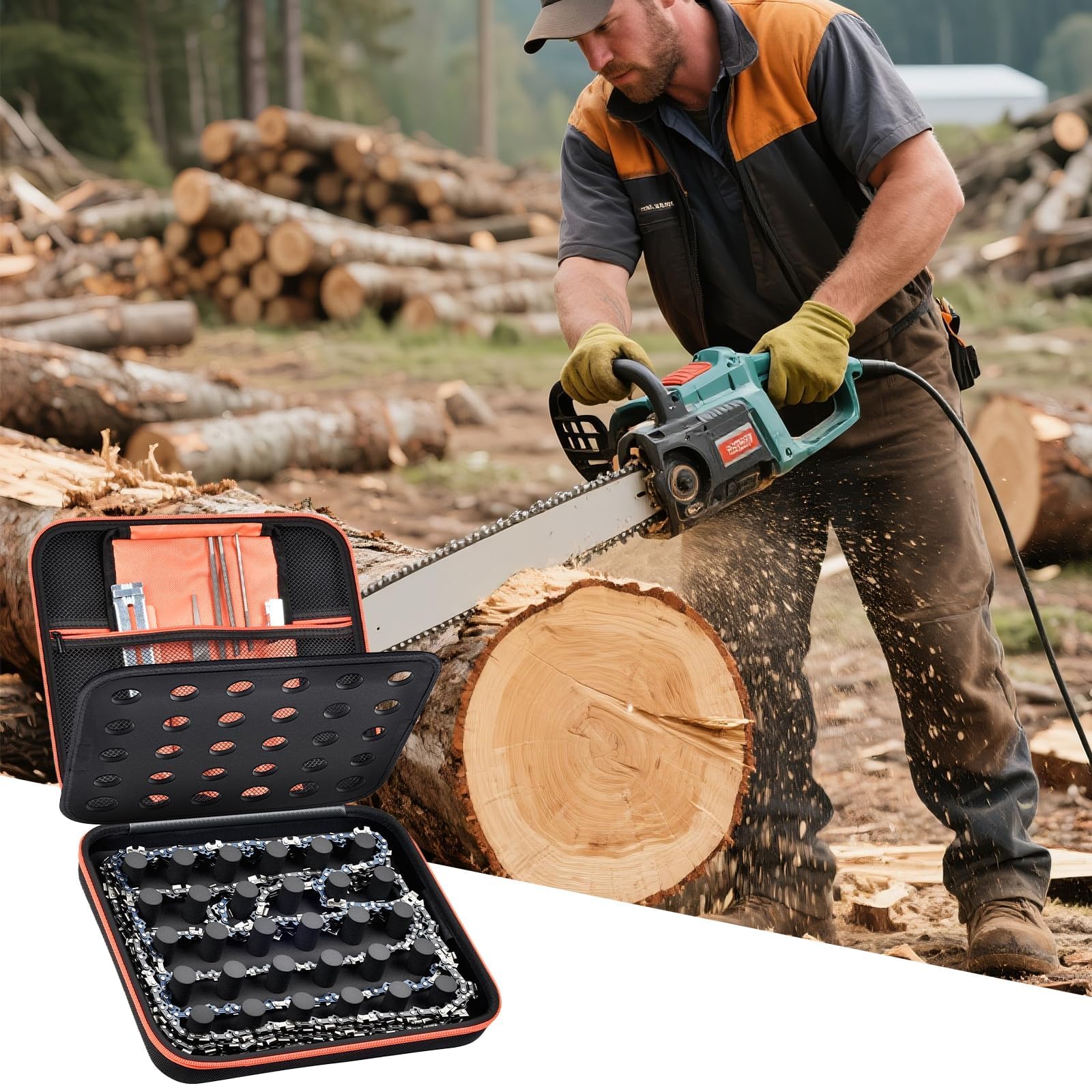 Estuche de almacenamiento de cadena de motosierra compatible con KAKEI/para Stihl/para DEWALT/para NEO-TEC/para UPFOREST/para cadenas Oregon 6-12 piezas, soporte organizador de transporte para