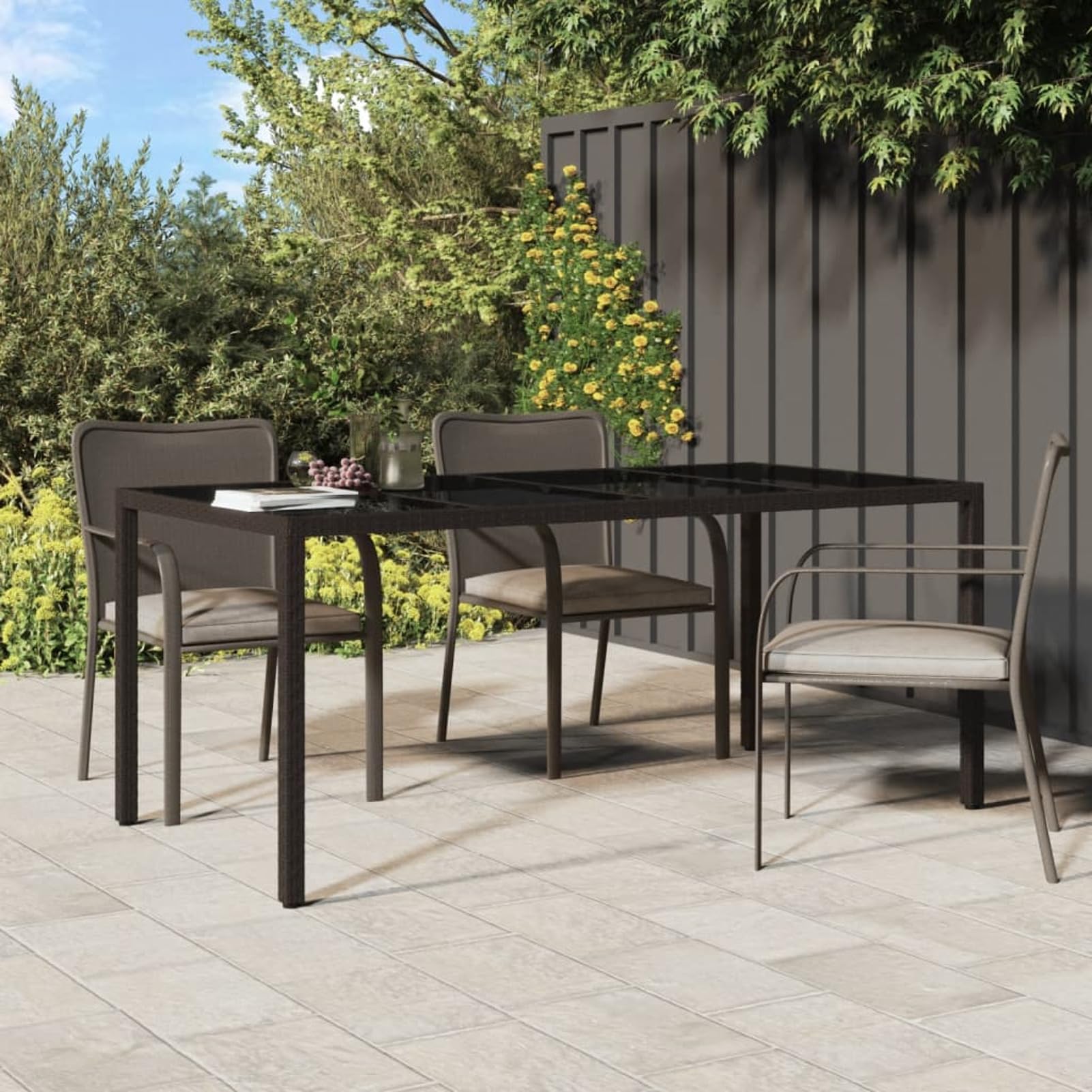 Homgoday Mesa de jardín marrón 190 x 90 x 75 cm cristal templado poliratán, mesa de jardín, mesa de terraza, mesa de comedor, mesa de cocina, mesa de jardín, mesas exteriores