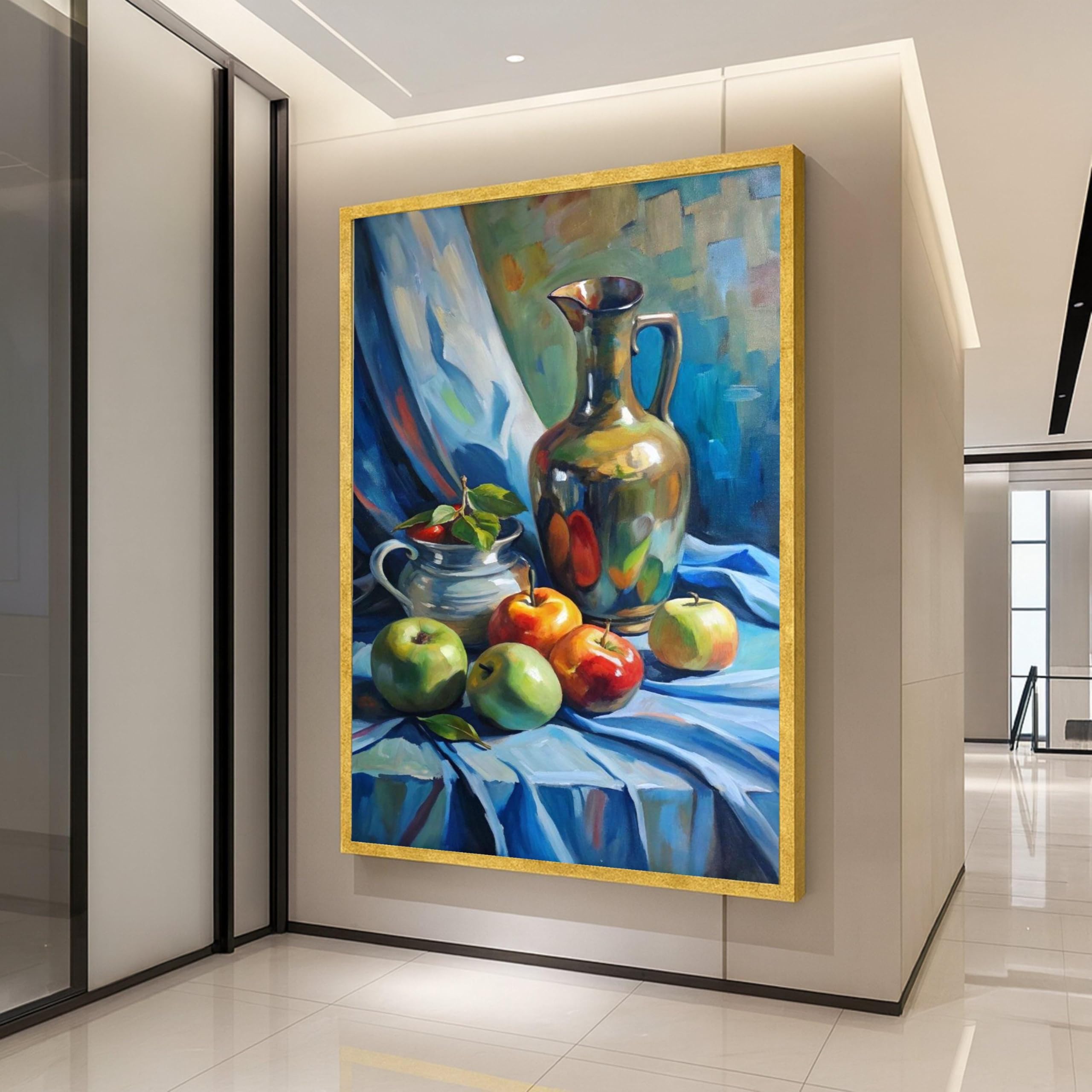 XINBAO Martwa natura z metalowym dzbankiem klasyczne owoce płótno sztuka ścienna dekoracja kuchni tradycyjny obraz gotowy do powieszenia (60 x 90 cm/rama wewnętrzna)