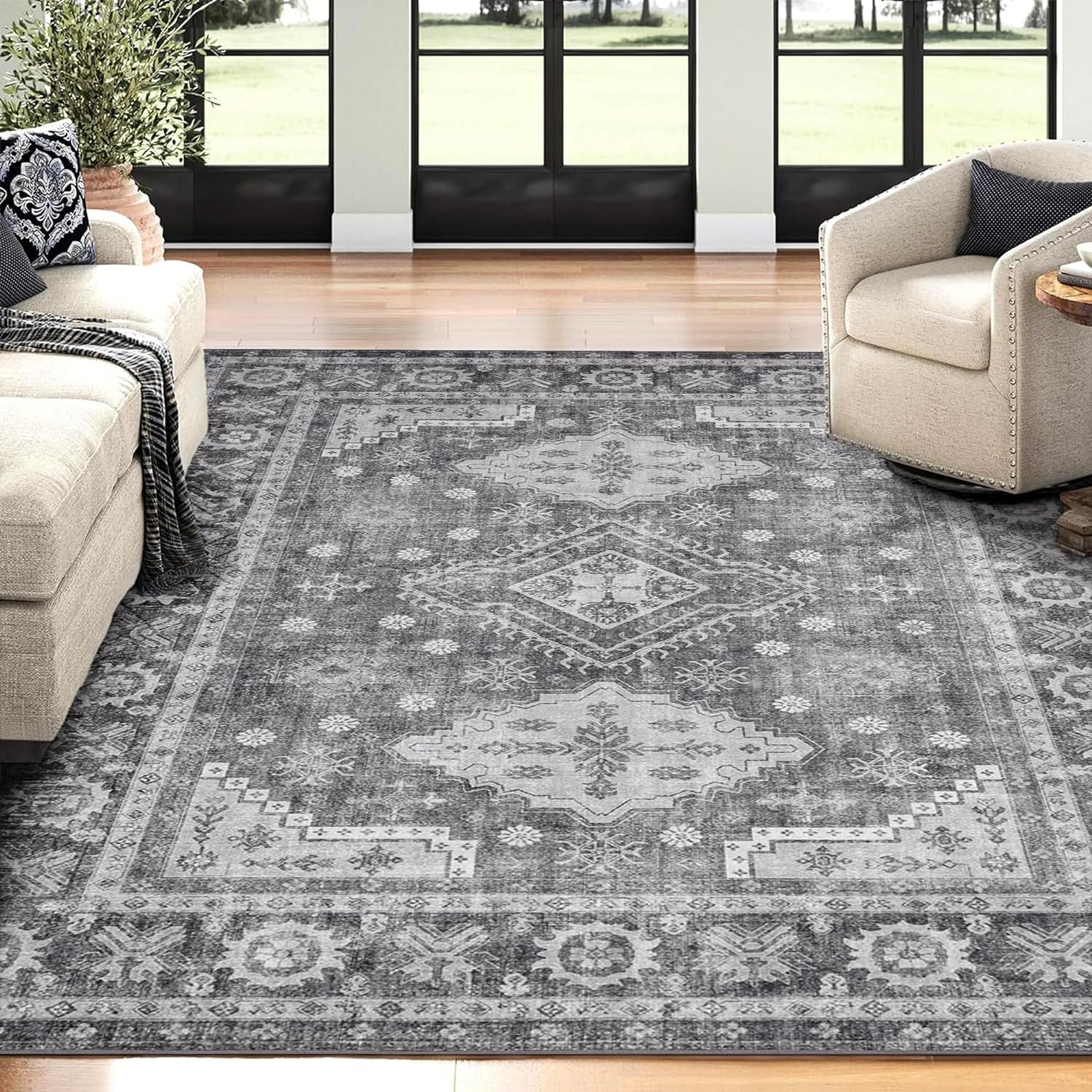 BEIMO 3x5 Area Rugs for Living Room Bedroom, Machine Washable Stain Resistant Floor Cover, Print Vintage Tribal Aesthetic Carpet, Low Pile Mat with Non Slip Rubber Backing, Distressed Gray