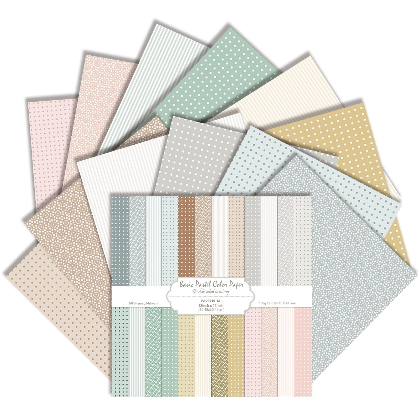 Scrapbook Paper, 24 Sheets 12x12 Inch Double Sided Patterned Scrapbook Supplies, 160gsm Scrapbooking Paper Pack for Art Journal, DIY Crafts, Scrapbooking, Card Making (Stripe & Polka Dots)