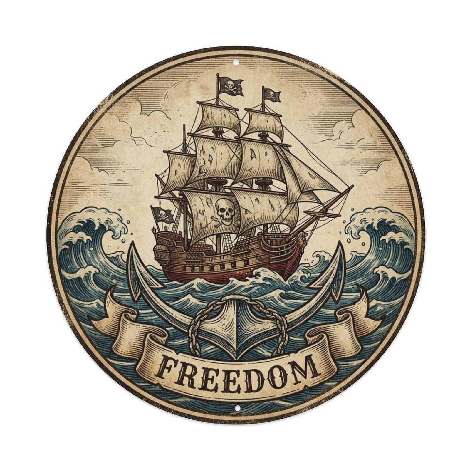 Freedom Pirate Ship Anchor Waves Nautical Motto Metal Tin Sign