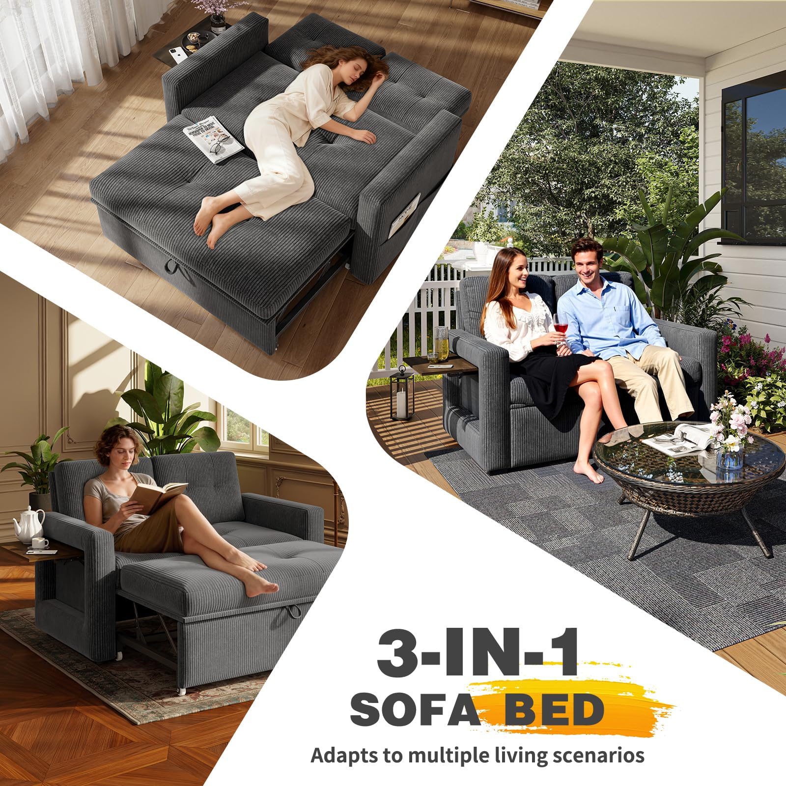 YOUDENOVA Divano letto 3-in-1, Poltrona letto con funzione salotto, Divano relax con schienale regolabile a 5 posizioni, Divano a 2 posti letto con tavolo e tasche laterali, Coste Grigio