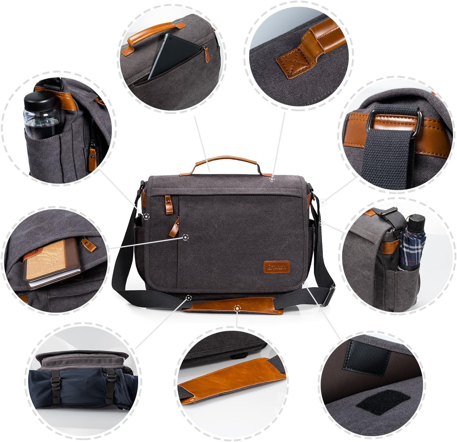 ESTARER 13-14 Inch Laptop Messenger Bag Water-Resistant Canvas Shoulder Bag for Business College, Grey - Image 5