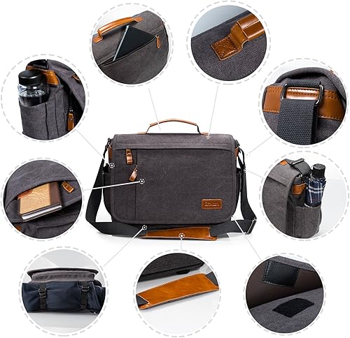 Miniatura 5 de ESTARER Bolsa de mensajero para laptop de 13 a 14 pulgadas, resistente al agua, bolsa de hombro de lona para universidad de negocios, gris
