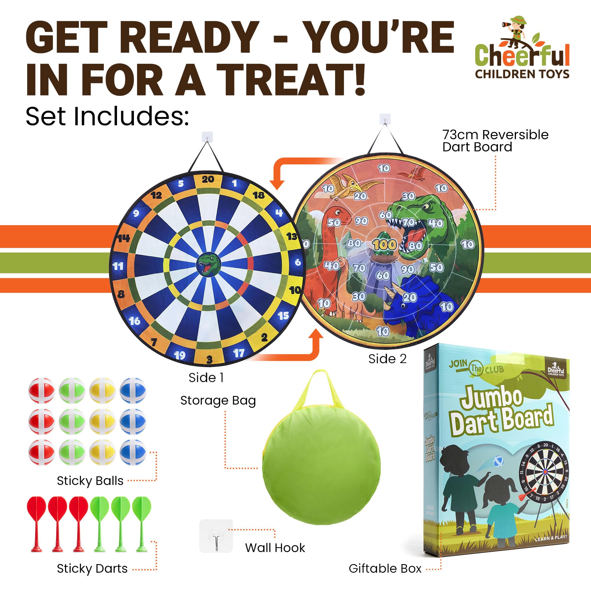 Cheerful Children Toys Jumbo Kids Dart Board Set XL or XXL, Large Dart Board with Reversible Designs - Image 2