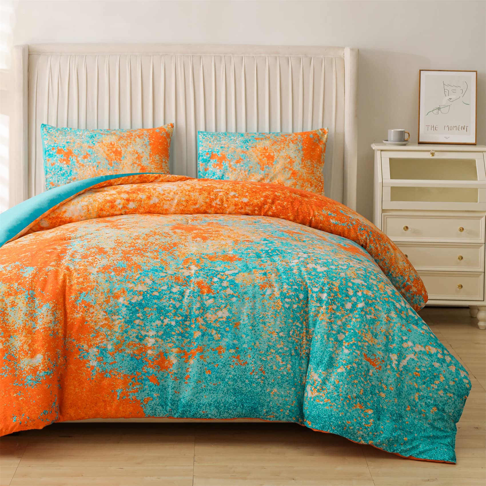Aimuan Abstract Blue Comforter Sets Modern Art Bedding Sets 3 Pieces Sparkle Star Galaxy Twinkle Starlight Quilt Tie Dye Printed Comforter for Kids Teen (Orange-Aqua,Queen)