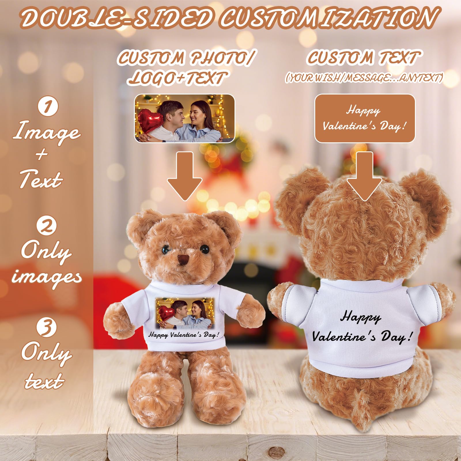 Orsacchiotto Personalizzato con T-Shirt, Peluche Personalizzato con Foto e Testo, Regalo per Fidanzata, Fidanzato, San Valentino, Compleanno, Natale