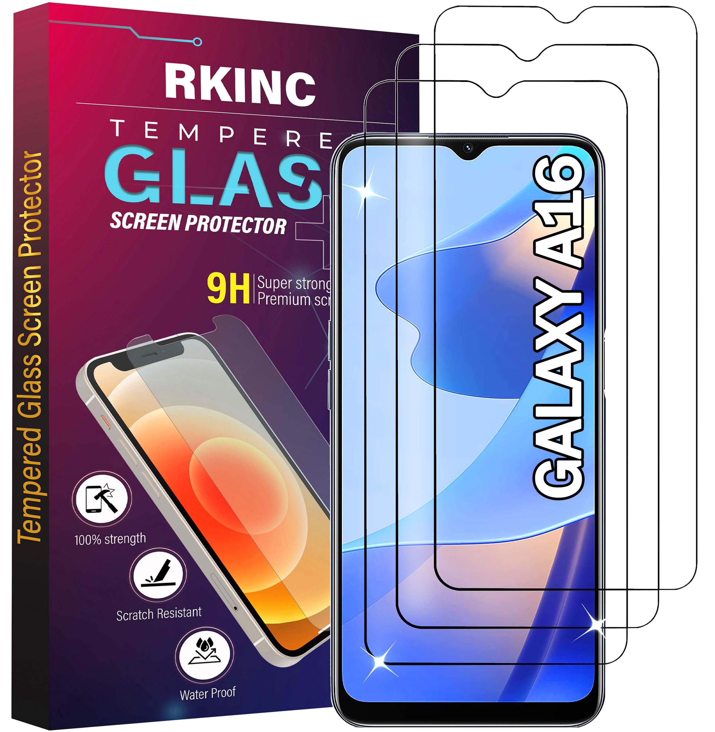 RKINC 3 Stück, Panzerglas Schutz Glas für Samsung Galaxy A16, Panzer HD Displayschutzfolie, 0,33 mm kratzfest, blasenfrei, splitterfrei