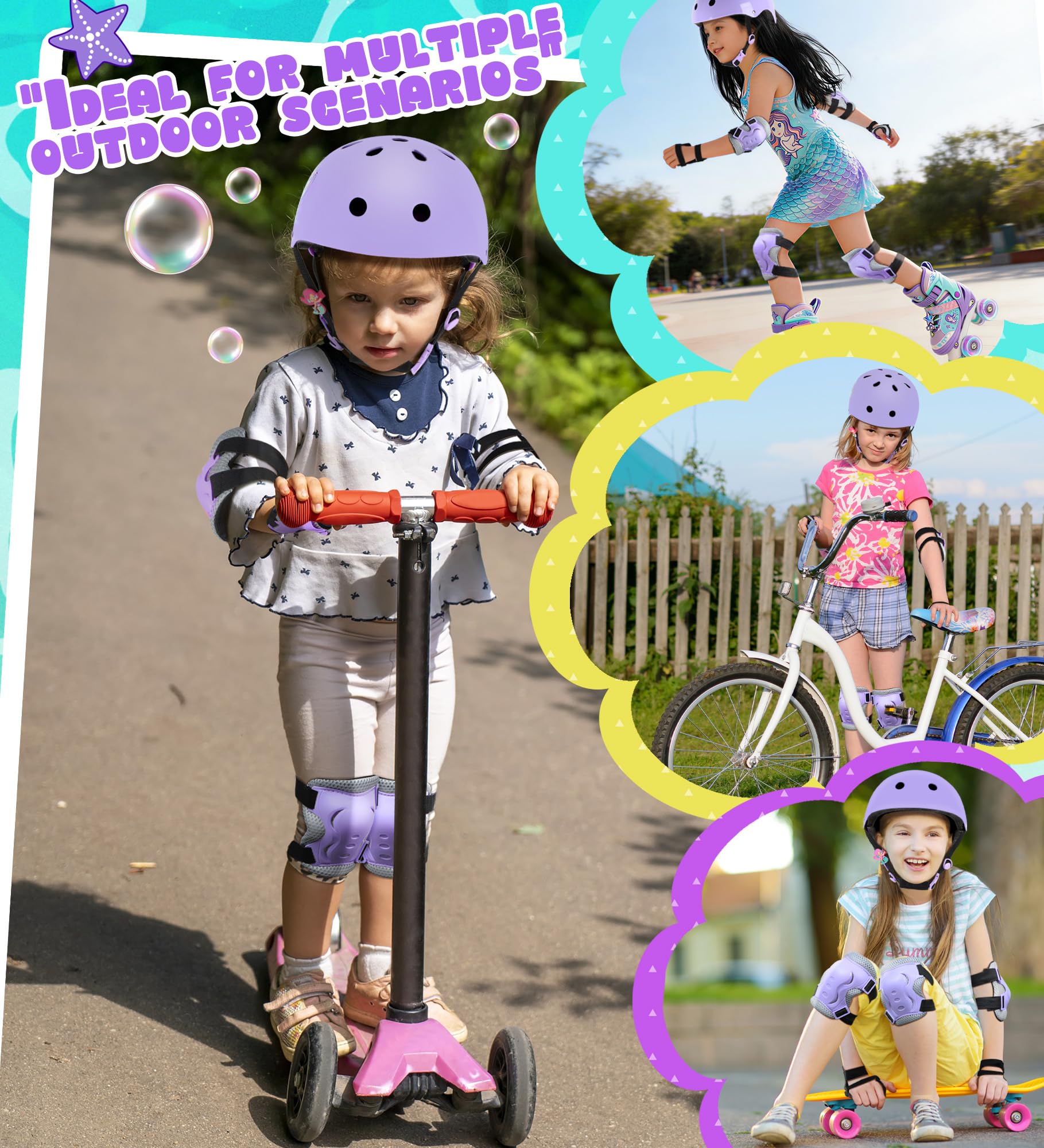 Sirène Casque Vélo Enfant Ajustable Genouillères Enfant Ensemble de Protections équipement de Protection de Sport Genou Coude Poignets pour Skateboard Roller Scooter Patins Trottinette
