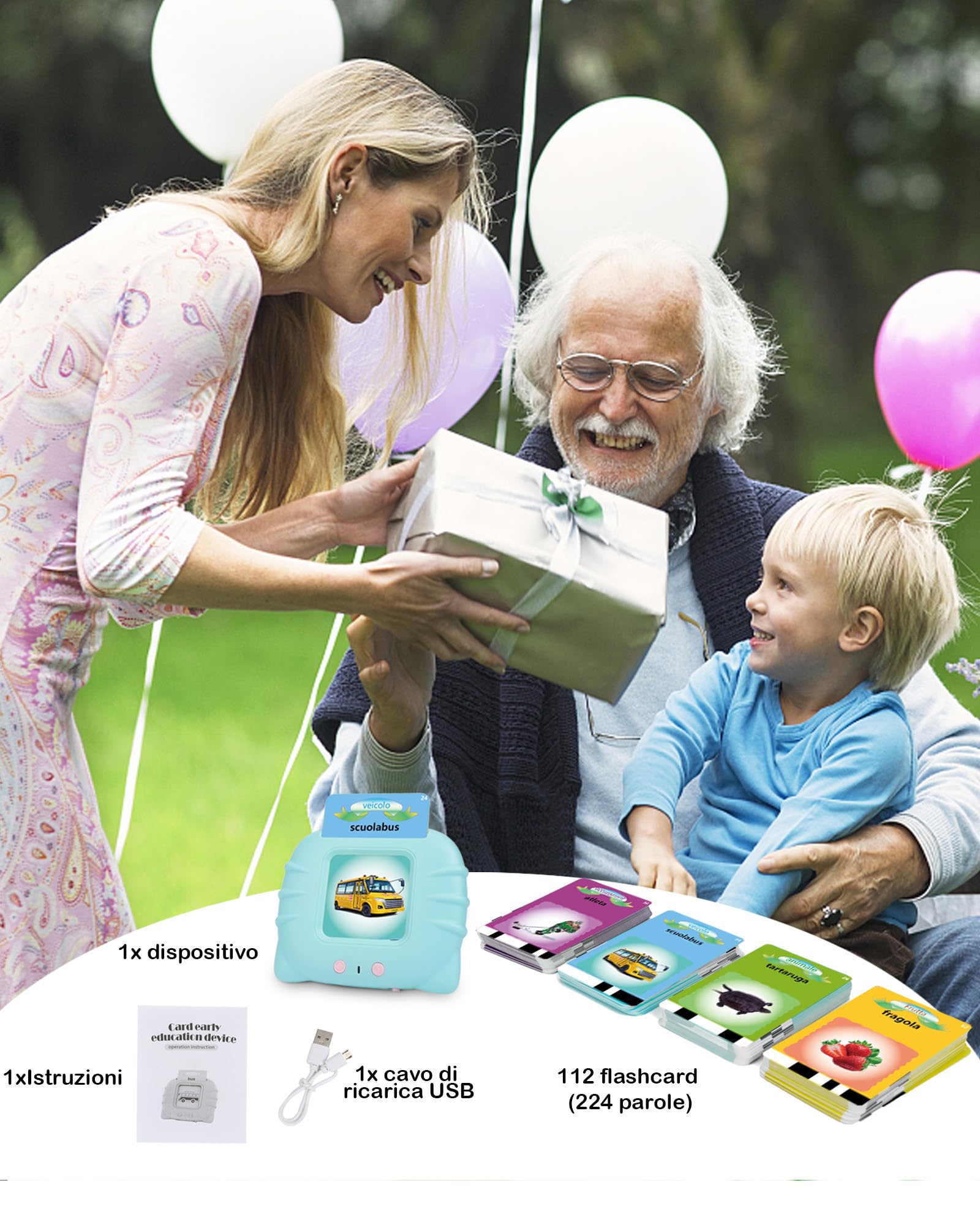 Schede flash parlanti, giocattoli per bambini da 1 a 12 anni, giocattoli educativi per bambini in età prescolare, per l'ascolto e l'apprendimento di base, 224 parole (colore azzurro, in italiano)