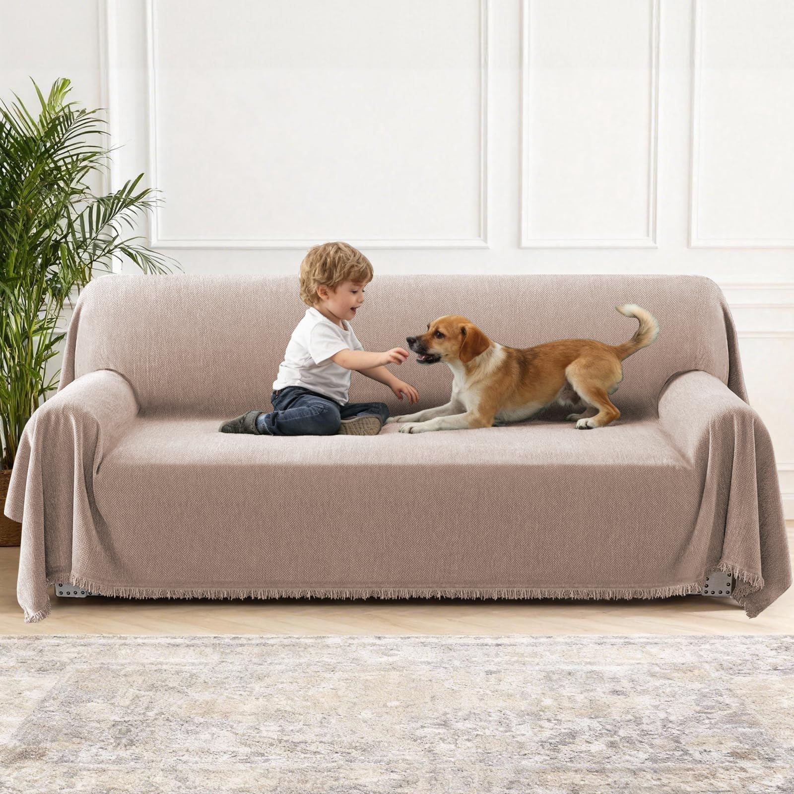 H.Versailtex Chenille Sofa Cover for 2 3 4 Seater, Waterproof Sofa Slipcover Sofa, Washable Couch Cover with Tassel, Soft Couch Covers for Dogs, Breathable, All-season Universal, 180 x 300 cm, Camel
