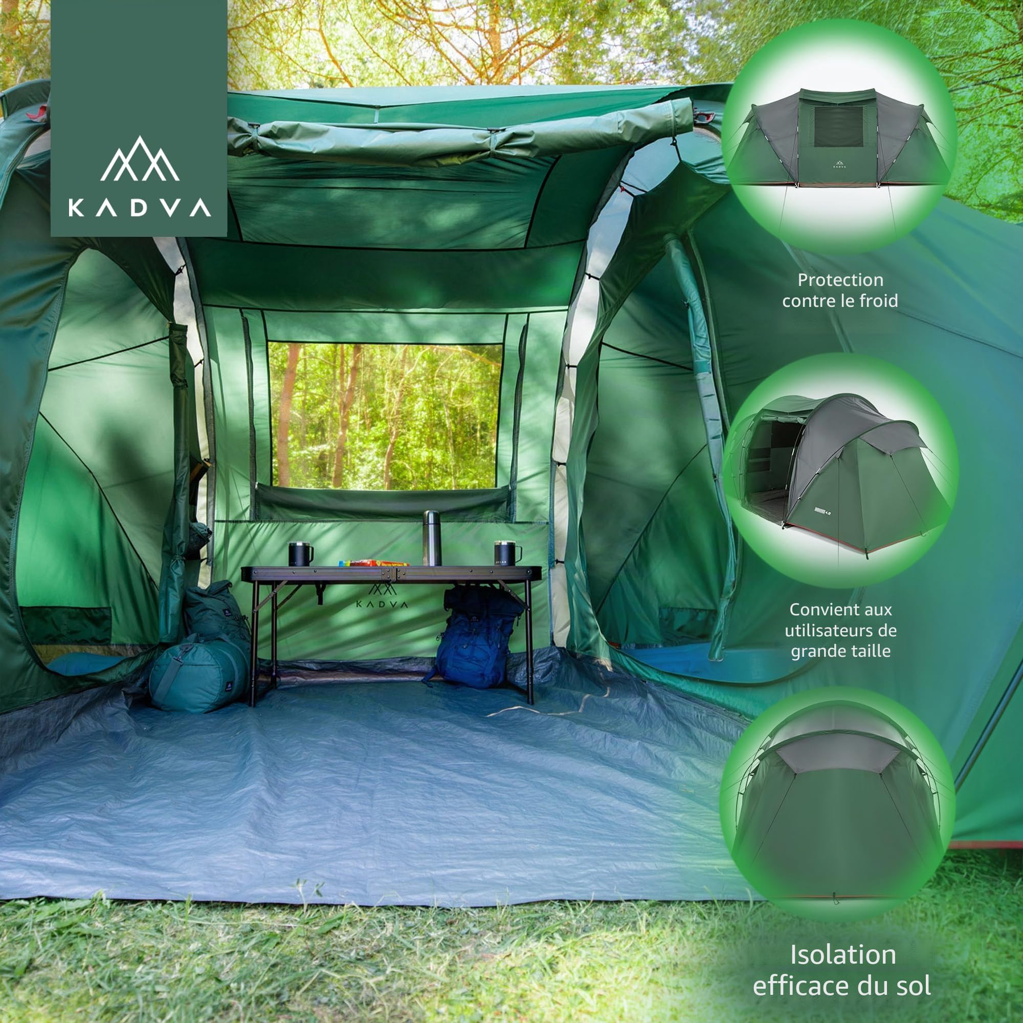 KADVA Tente Kavio 4.2 | Tente pour 4 Personnes avec 2 Chambres à Coucher | Grande entrée avec éclairage | Étanchéité 2000 mm | Moustiquaire | Cadre extérieur Stable | Compact (68 × 30 cm, 11,96 kg)