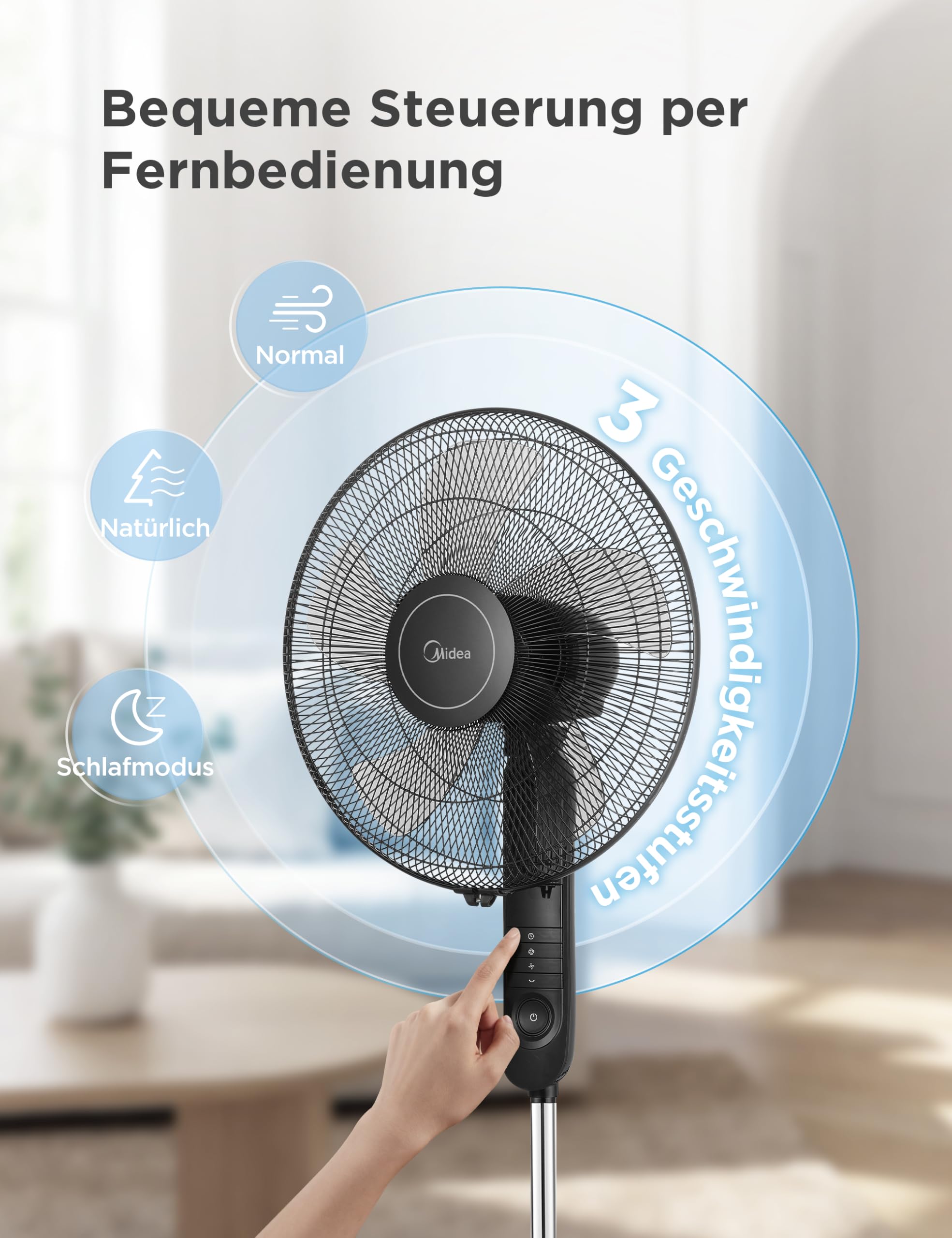 Midea FS40-15FR Standventilator 55W leise mit Fernbedienung 3 Geschwindigkeitsstufen LED Anzeige 7,5H Timer höhenverstellbar 80° Oszillation Schwarz