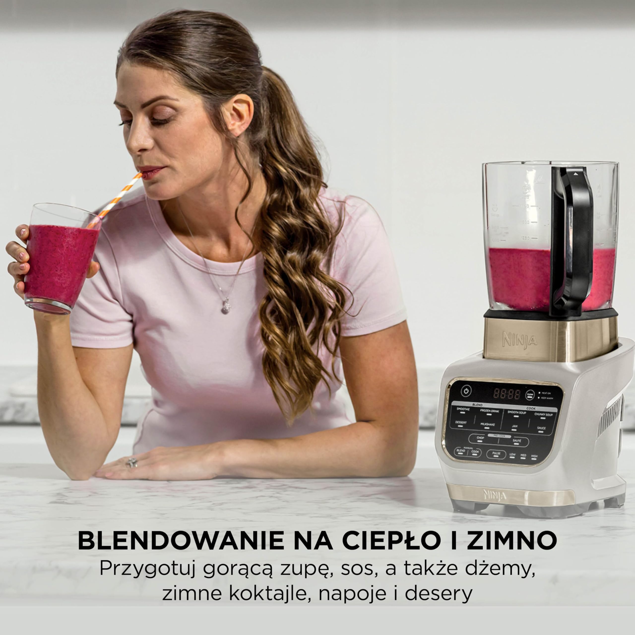 Ninja Foodi blender, blender do zup, 10 programów Auto-iQ, szklany dzbanek 1,7 l, blender: ciepło i zimno, element grzewczy, tamper, program czyszczący i szczotka, 1000 W, kamienne złoto HB150EUSTGD