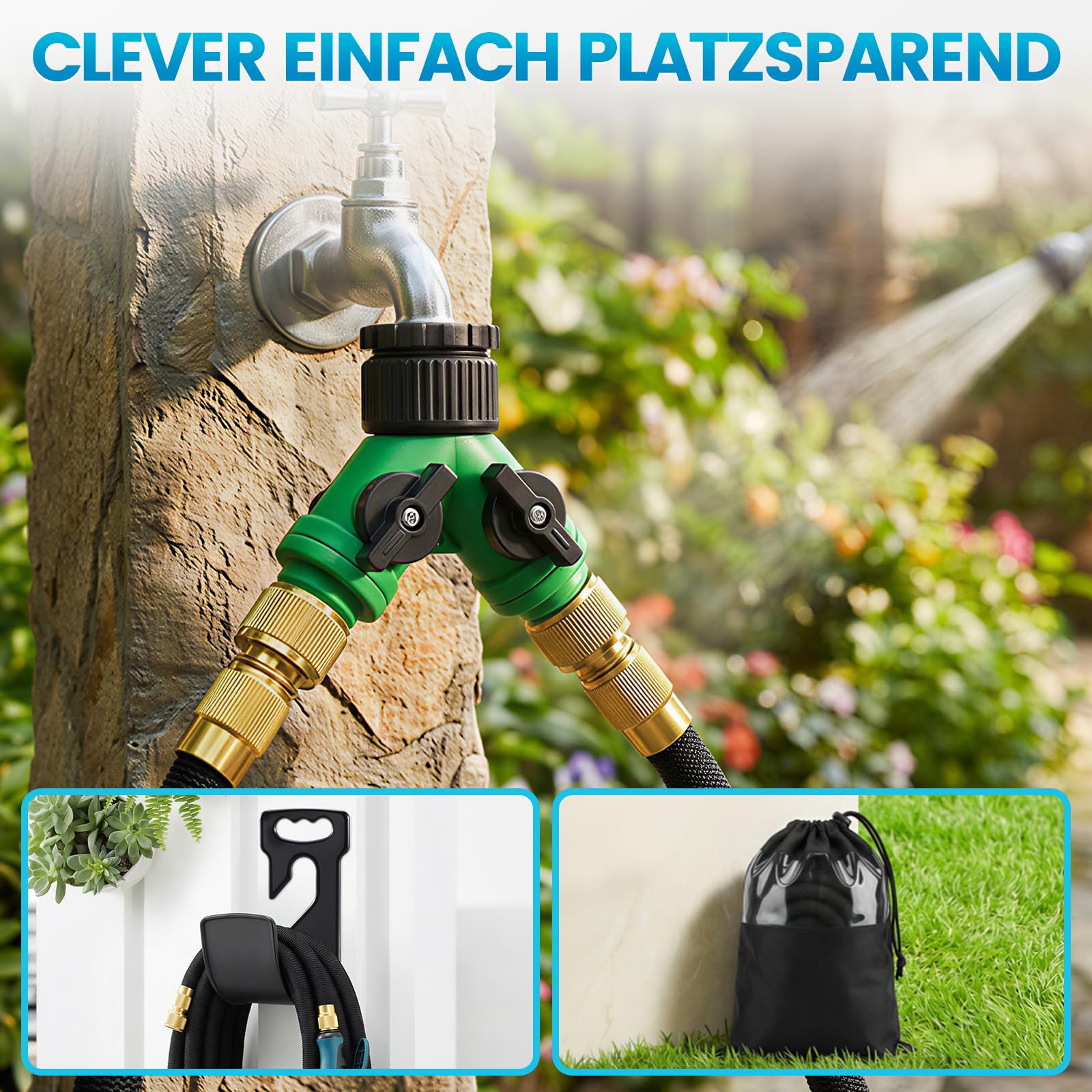 Tubo da giardino flessibile da 30 m, con ugello a 10 funzioni, tessuto 3300D, doppio connettore in metallo da 3/4" e 1/2", resistente alle pieghe, leggero, per giardino, lavaggio auto e cura degli