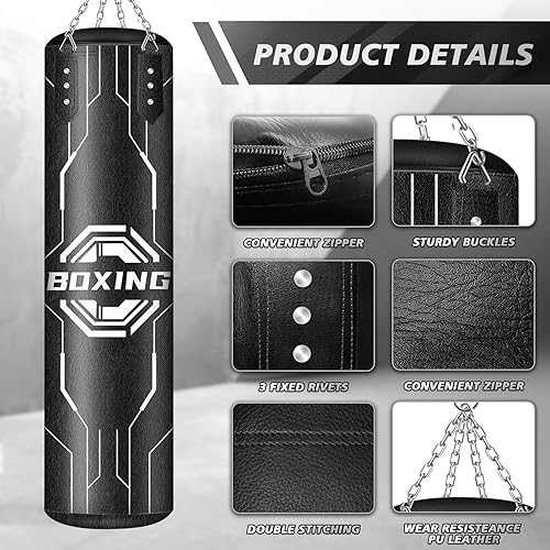 Miniatura 3 de Saco de boxeo relleno para adultos, bolsa de boxeo colgante de piel sintética de 4 pies con relleno de esponja de 11 libras y guantes de boxeo de 12