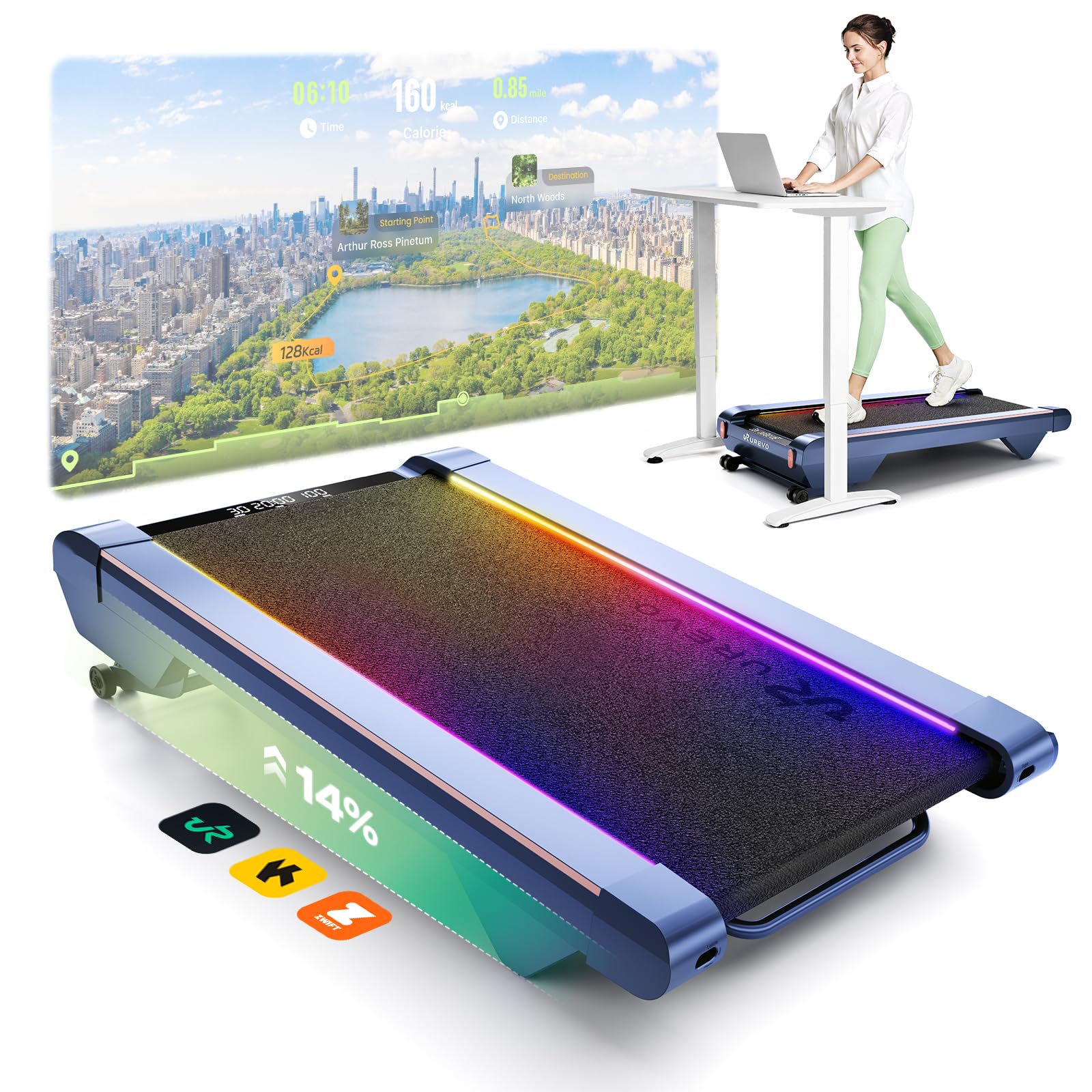 UREVO Tapis de Marche Inclinable Automatique 14% avec SmartAPP | Moteur silencieux sans balais, design futuriste CyberPad, tapis LED pleine surface, tapis de course pro pour maison et bureau