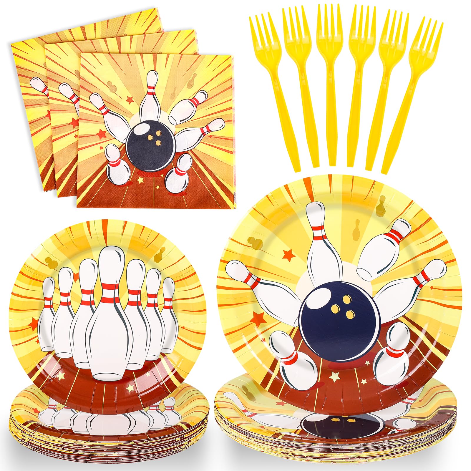 SCIONE 96 PCS Bowling Party Supplies Tableware Set, Sports Theme Birthday Party Plates Napkins Forks for 24 Guests, Kids Boys Party Bowling Player Favors