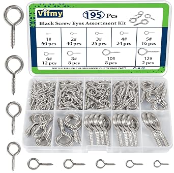 Screw Eyes Assortment Kit195Pcs,0.75" 0.78" 0.90" 1" 1.1" 1.18" 1.39" 1.57" 1.75" Zinc Plated Eyelet Screws, Metal Small Tapping Screw Hooks Ring, Silver