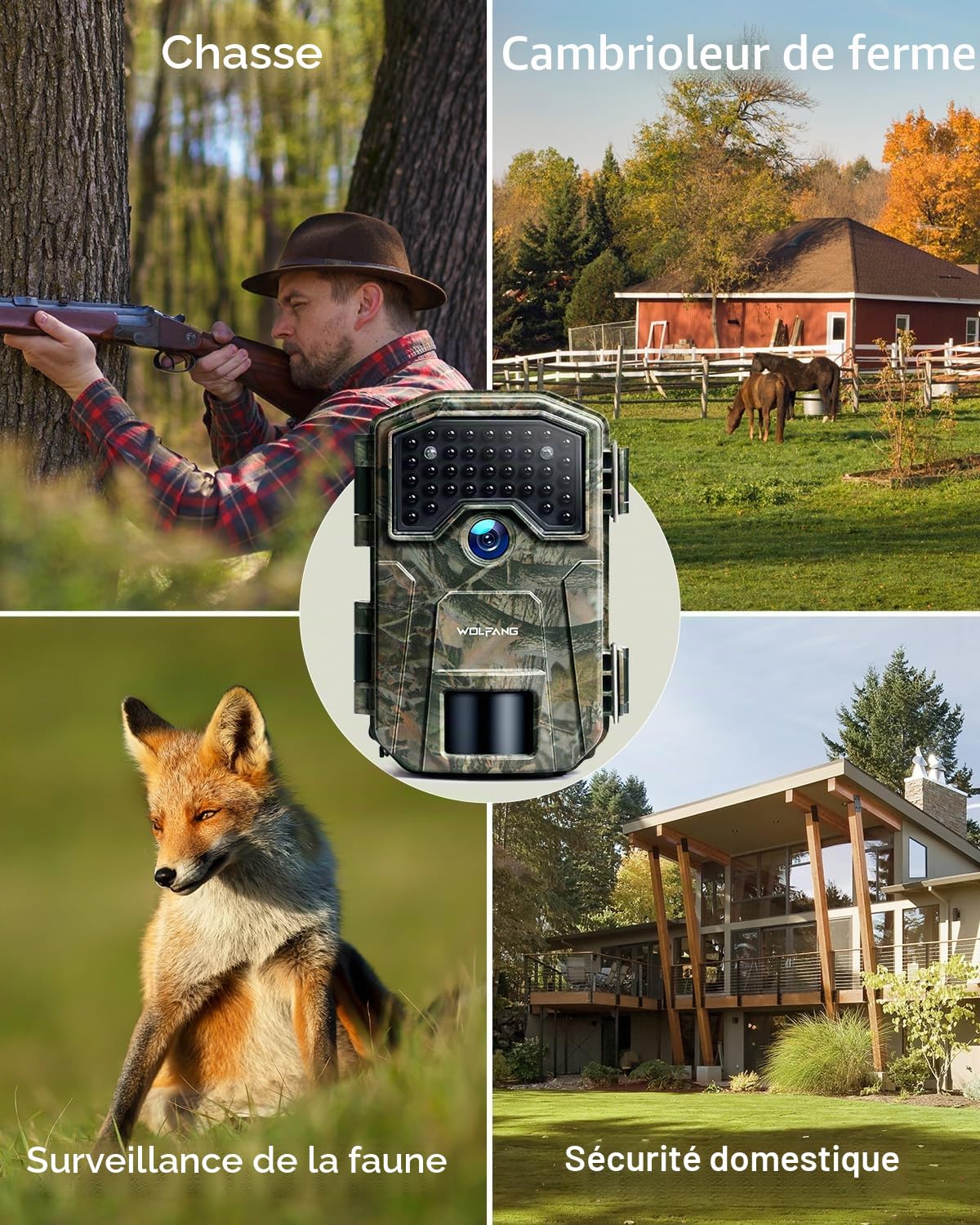 WOLFANG Caméra de Chasse 4K 48MP avec 36 LED IR 940 nm Activée Vision Nocturne Étanche IP66 Caméra Chasse pour la Surveillance de la Faune et du Jardin