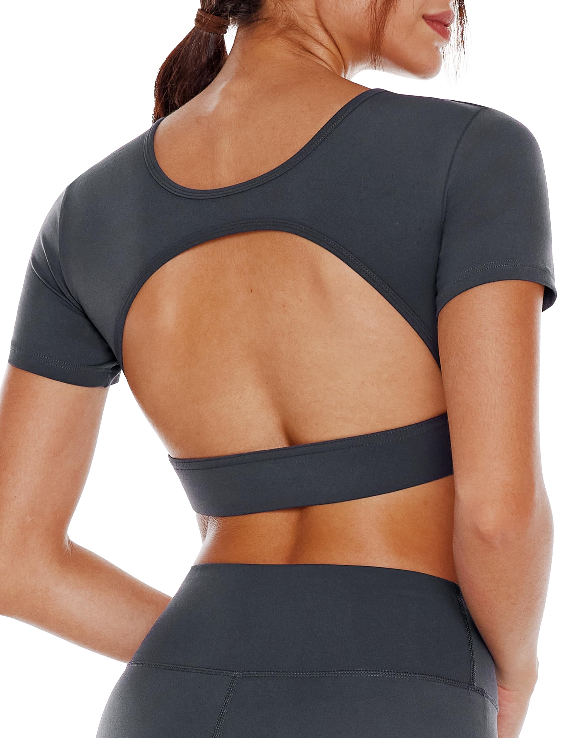 ENERBLOOM Open Back Workout Crop Tops for Women Backless Yoga Shirts Gym Short Sleeve Mild Support Compression Tee with Bra