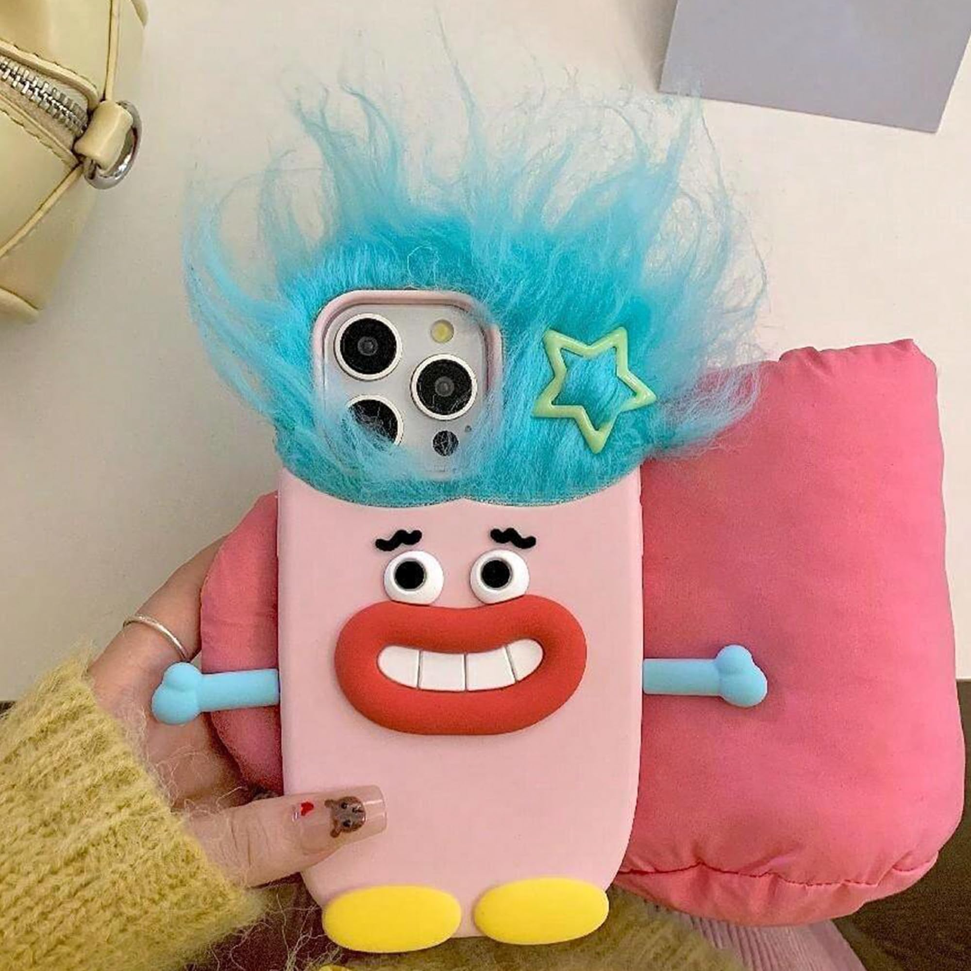 YWYUHE Funny Phone Case Compatible with iPhone 15, Cute 3D Cartoon Silly Blue Hair Ugly Big Mouth Expression iPhone Cases Shockproof Silicone Soft