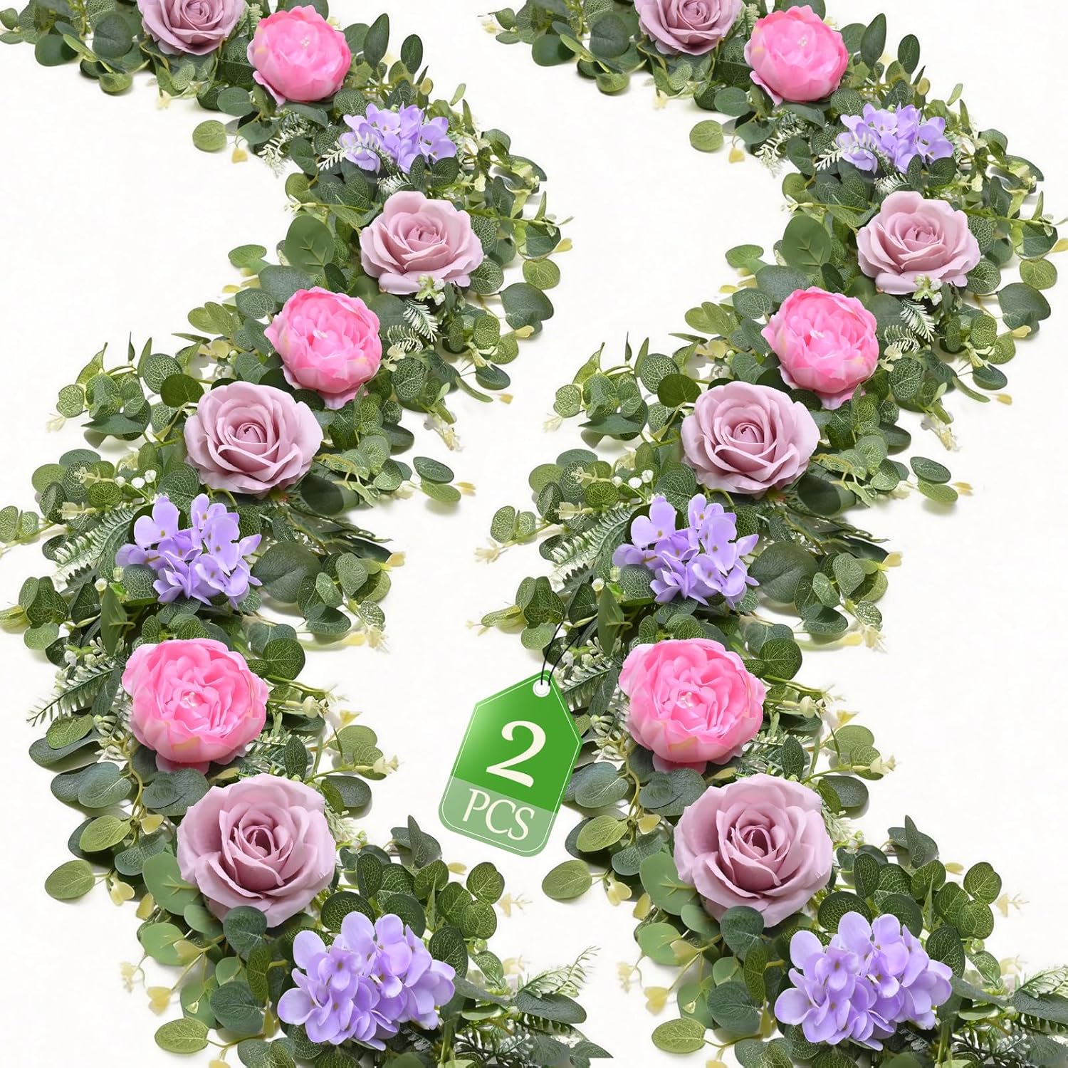 Livole 2Pcs 12 Ft Artificial Flower Garland Fake Pink Rose Peony Floral Garland with Eucalyptus Flower Hanging Vine for Wedding Arch Table Centerpieces Backdrop Party Home Decorations